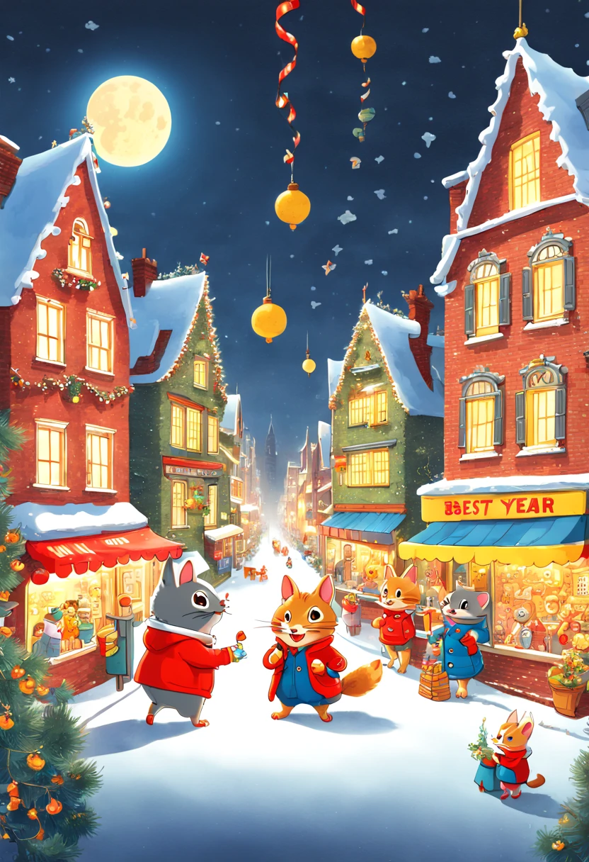 by Richard Scarry, night, happy new year, enhance, intricate, (best quality, masterpiece, Representative work, official art, Professional, unity 8k wallpaper:1.3)
