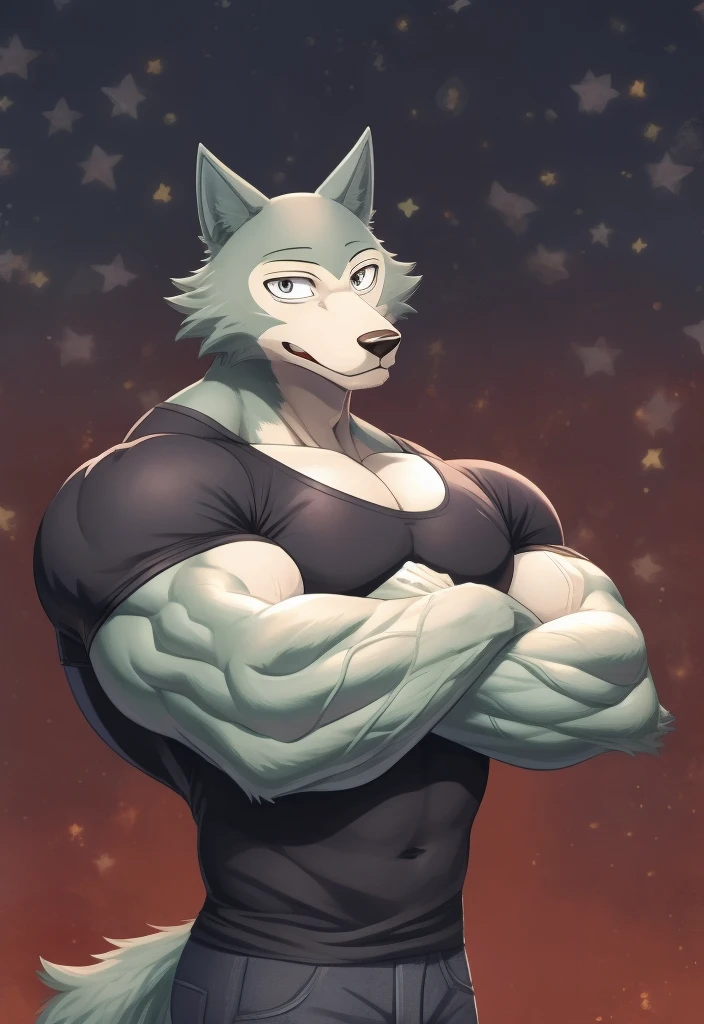 Legoshi, Beastars, muscular, bodybuilder, athletic, wolf, anthro, large pectorals, veiny muscles, huge muscles, slim waist, tight black t-shirt, grey jeans, crossed arms, smiling, star pattern background, looking at viewer