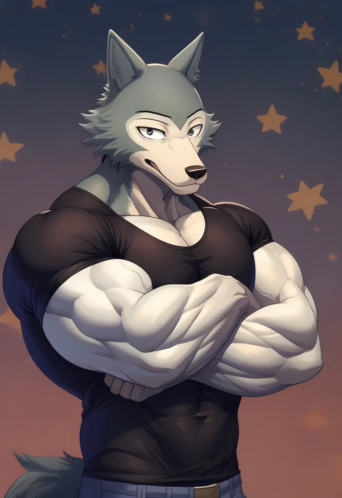 Legoshi, Beastars, muscular, bodybuilder, athletic, wolf, anthro, large pectorals, veiny muscles, huge muscles, slim waist, tight black t-shirt, grey jeans, crossed arms, smiling, star pattern background, looking at viewer