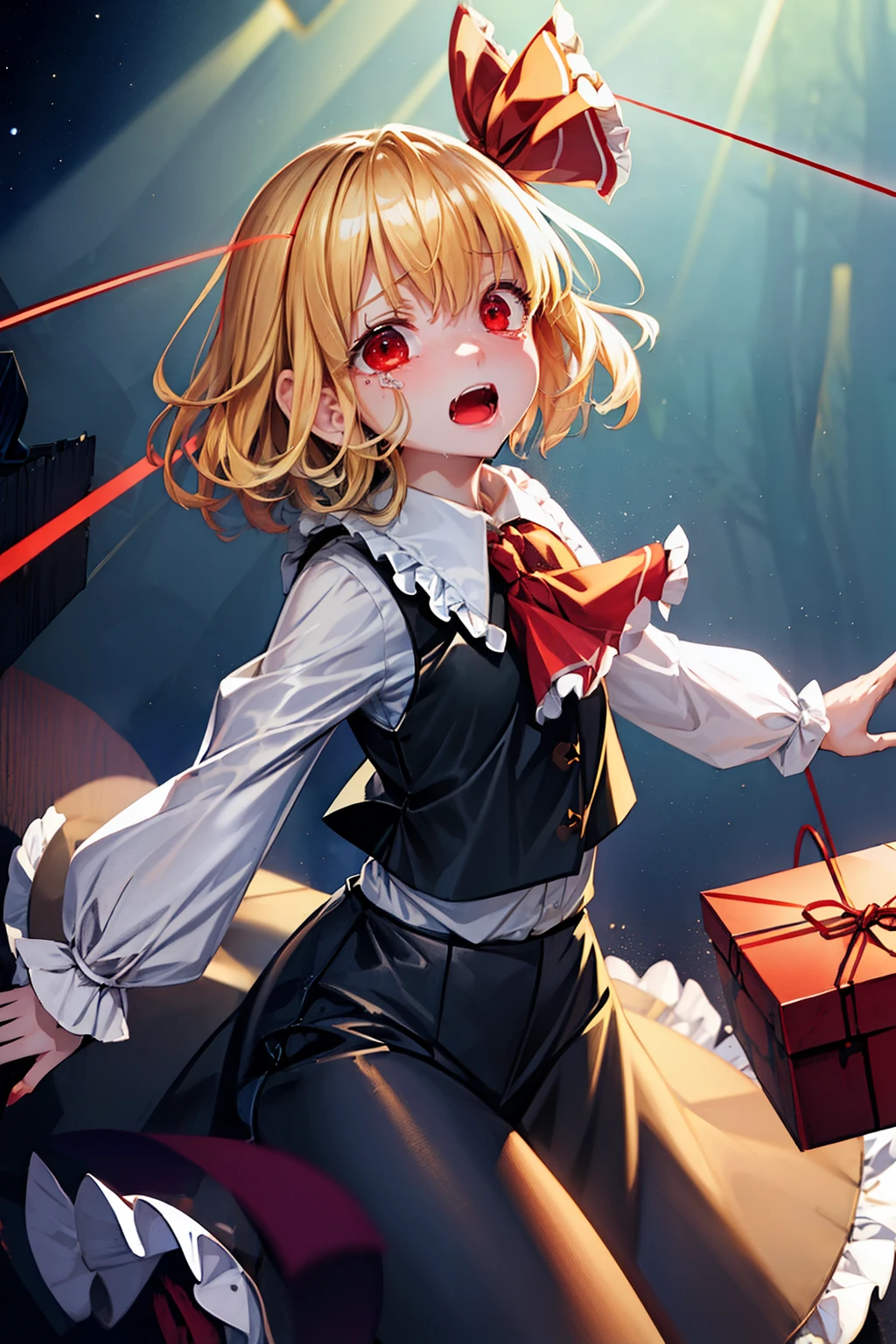 (masterpiece, top quality, best quality, beautiful and aesthetic:1.2), rumia_touhou,blonde_hair, ribbon, short_hair, hair_ribbon, red_eyes, vest, smile, open_mouth, red_ribbon, ascot, full body, japanese architecture, surprised, :o, beam, laser, glaring body, open box, box, open mouth, jaw drop, wide-eyed, panicking, horrified, screaming, sobbing, traumatized, turn pale, wavy mouth, glowing, glow, outer glow