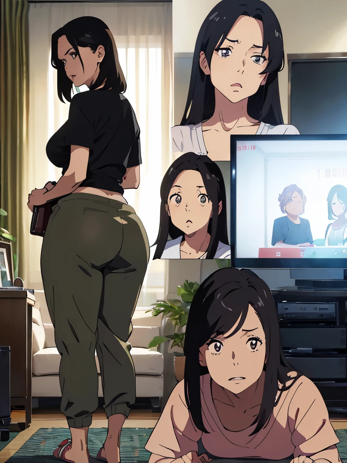 ((Best Quality,4K,8K,masutepiece)), 1mother, T-shirt, sweat pants, room slipper, (manga storyboad, A woman is sitting on the sofa and watching TV, meteorite on tv news,A woman has a TV remote control,women are surprised,woman looks back)(CharacterDesignSheet:1.3, Same character, front, Side, Back,Various expressions) , (multiple views), from below, (Anime style:1.3), (hyperdetailed body), (hyperdetailed Face), (Narrow eyes), (((tareme))), (((Mother:1.3))), (Mature Woman),(woman, 50 years old), (Large breasts:1.1), (Large buttocks:1.2), sagging breasts, droopy chest, Swaying breasts, bouncing breasts, Natural wrinkles, wrinkled Face, (Plump body:1.3), Chubby, Voluptuous, Dark hair, medium bob hair, Forehead, long Face, at night, living room, apartment, Moody lighting, Japanese anime, (full body:1.3), (open mouth:1.3),