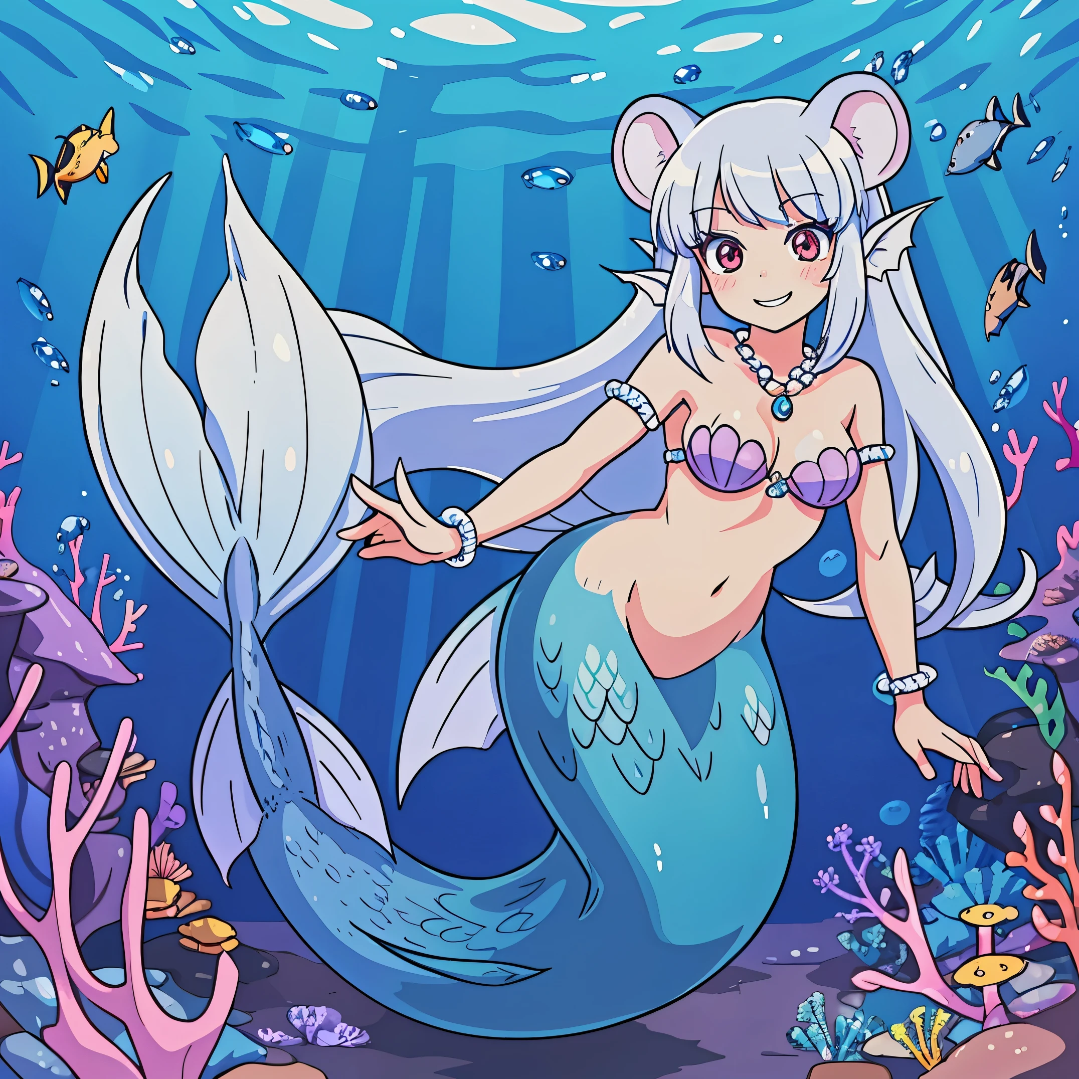 Pretty anthropomorphic mouse girl magically transformed into a alluring mermaid, race swap, sharp teeth, is smiling, drawn in anime style, fishlike, very long curly white hair, red eyes, white fur, slim body, whiskers, mouse ears, long mermaid tail below waistline, shimmering cyan fish scales, pelvic and dorsal fins, a pair of fish gills on her torso, seashells bra, pearl earrings and bracelets, pearl necklace, swimming underwater, ocean depth, Highly detailed, masterpiece, high quality, 4K.