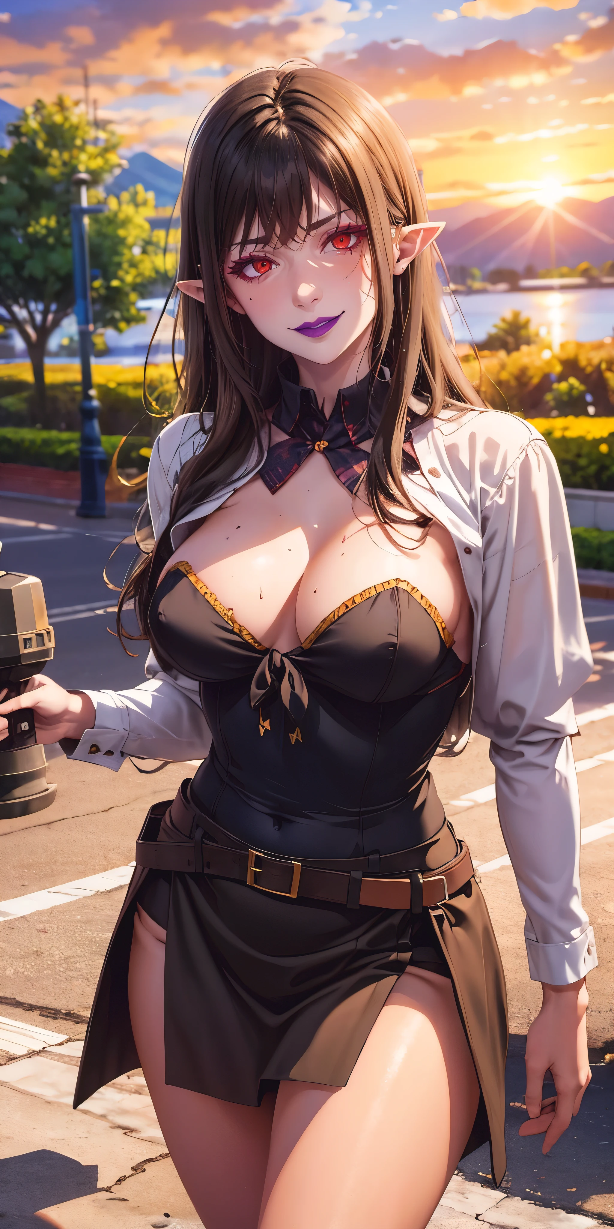anatomically correct, best quality, masterpiece, high quality, high details, highres, HD, (shaded face:1.2), hollow eyes, red eyes, looking at viewer, smirk, upper teeth, purple lips, makeup, black hair, long hair, huge breasts, sagging breasts, sweating, pointy ears, pale skin, "Photorealistic, Hyperrealistic, Hyperdetailed, analog style, soft lighting, subsurface scattering, realistic, heavy shadow, masterpiece, best quality, ultra realistic, 8k, golden ratio, Intricate, High Detail, film photography, soft focus, fantasy art, bokeh, 1girl, long_hair, breasts, mountain, looking_at_viewer, cleavage, medium_breasts, sky, realistic, skirt, outdoors, sunset, front-tie_top, lips