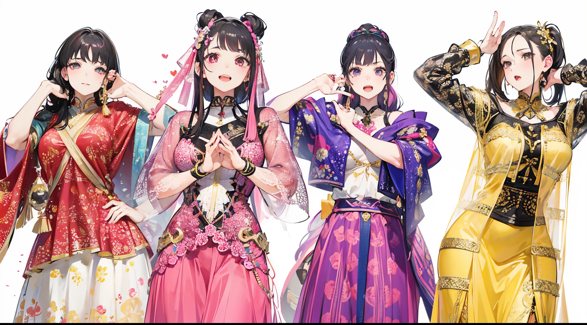 There are four beautiful girls lined up as shown in the photo.....................、beautiful and cool pose、erotic body line、The second pink girl from the left emphasizes her big breasts........、The red girl on the far left has very small breasts.....