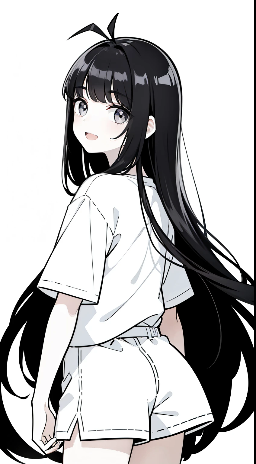 1girl,10s years,solo,black hair,long hair,(((hair 2antennas))),white shirt,short sleeves,white shorts,(white background, line drawing),open mouth,smile,black eyes,cowboy shot,from side