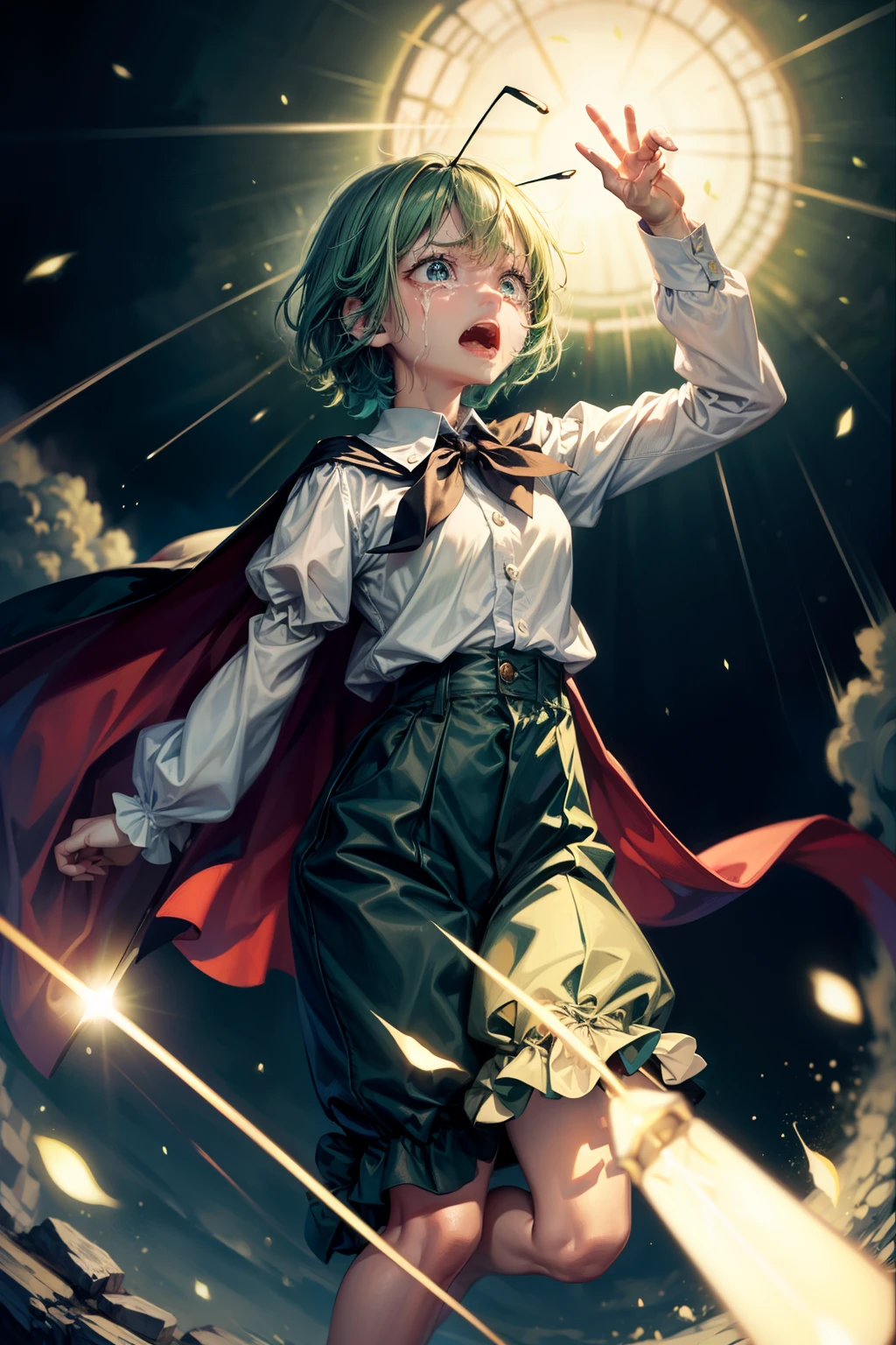 (masterpiece, top quality, best quality, beautiful and aesthetic:1.2), wriggle nightbug, 1girl,antennae, green hair,short hair,cape,green eyes,white shirt,puffy sleeves,long sleeves, blue shorts, full body, japanese architecture, surprised, :o, beam, laser, glaring body, open box, box, open mouth, jaw drop, wide-eyed, panicking, horrified, screaming, sobbing, traumatized, turn pale, wavy mouth, glowing, glow, outer glow