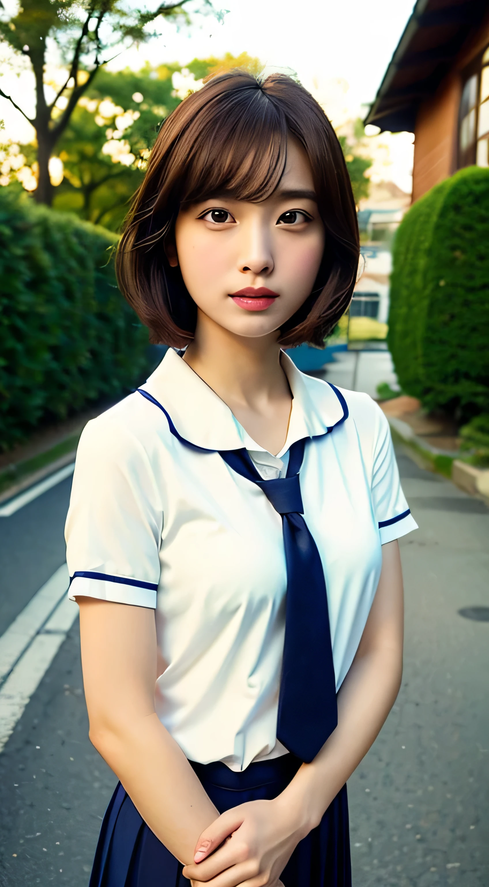women's pictures(日本Schoolsの制服を着用_outfit),Good Hand 4K、hight resolution、masutepiece、Best Quality,Head:1.3,((Hassel Plad Photos)、thick skin around the chest、(Cinematic lighting)、Night、Soft lighting,Dynamic Angle、[(Detailed face:1.2):0.21.medium breasts((Schools)),Beautiful Japan