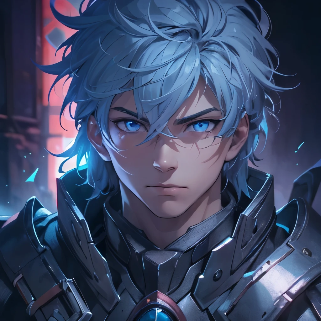 (masterpiece), 8k cg, intricate details, chromatic aberration, ((bust shot)), ((looking at viewer)), 1man, (blue eyes, shaggy blue hair, white hero armor), handsome face, 16 year old, strong face, frown, absurdres, cinematic lighting, dynamic lighting, fantasy, ((dark background, fog))
