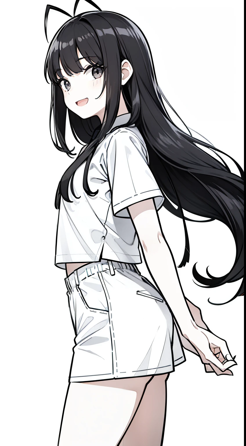1girl,10s years,solo,black hair,long hair,(((hair 2antennas))),white shirt,short sleeves,white shorts,(white background, line drawing),open mouth,smile,black eye,cowboy shot,from side