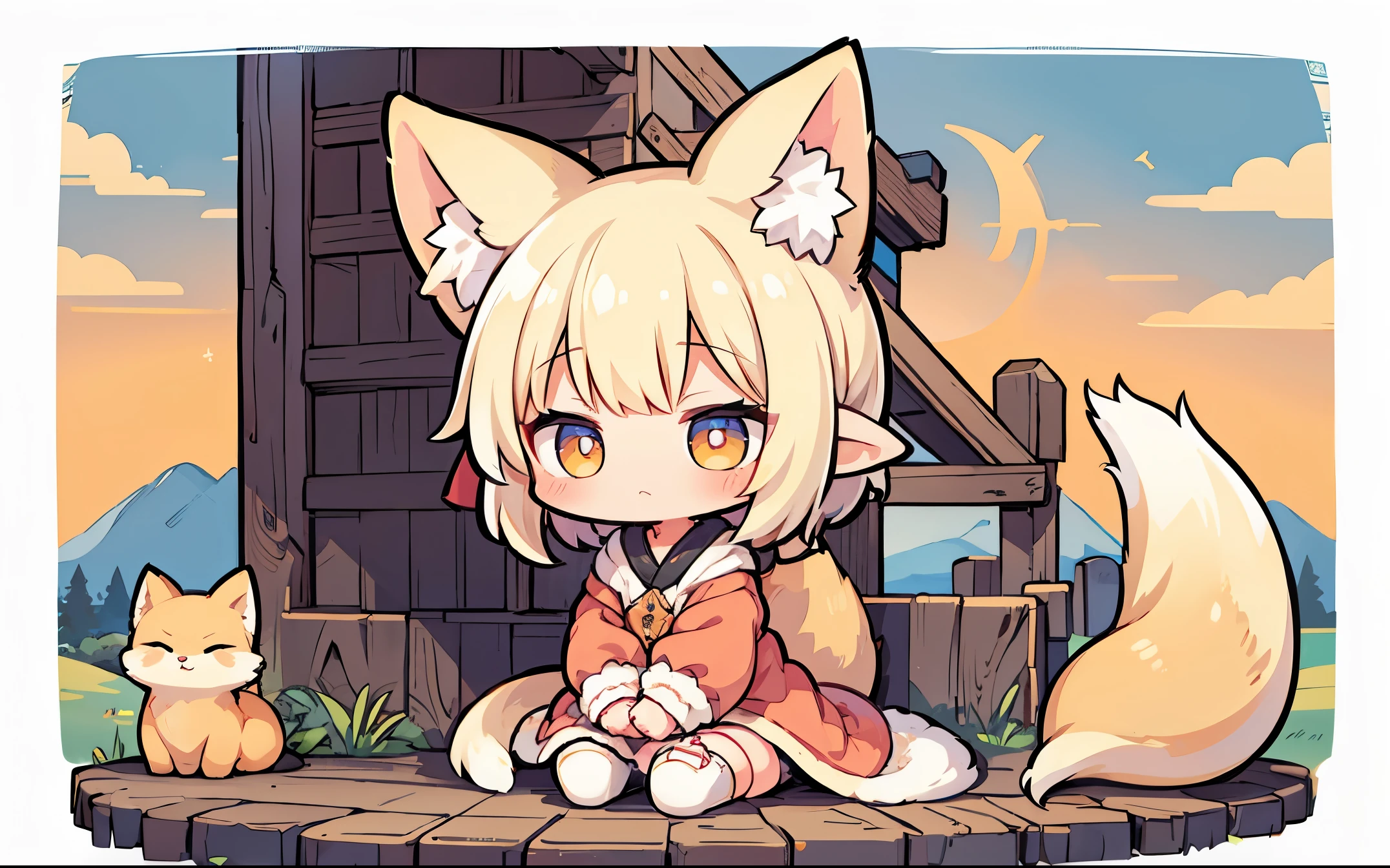 ​masterpiece、Cute、Chibi、细致背景、Girl personified by a fox、Fox tail and ears