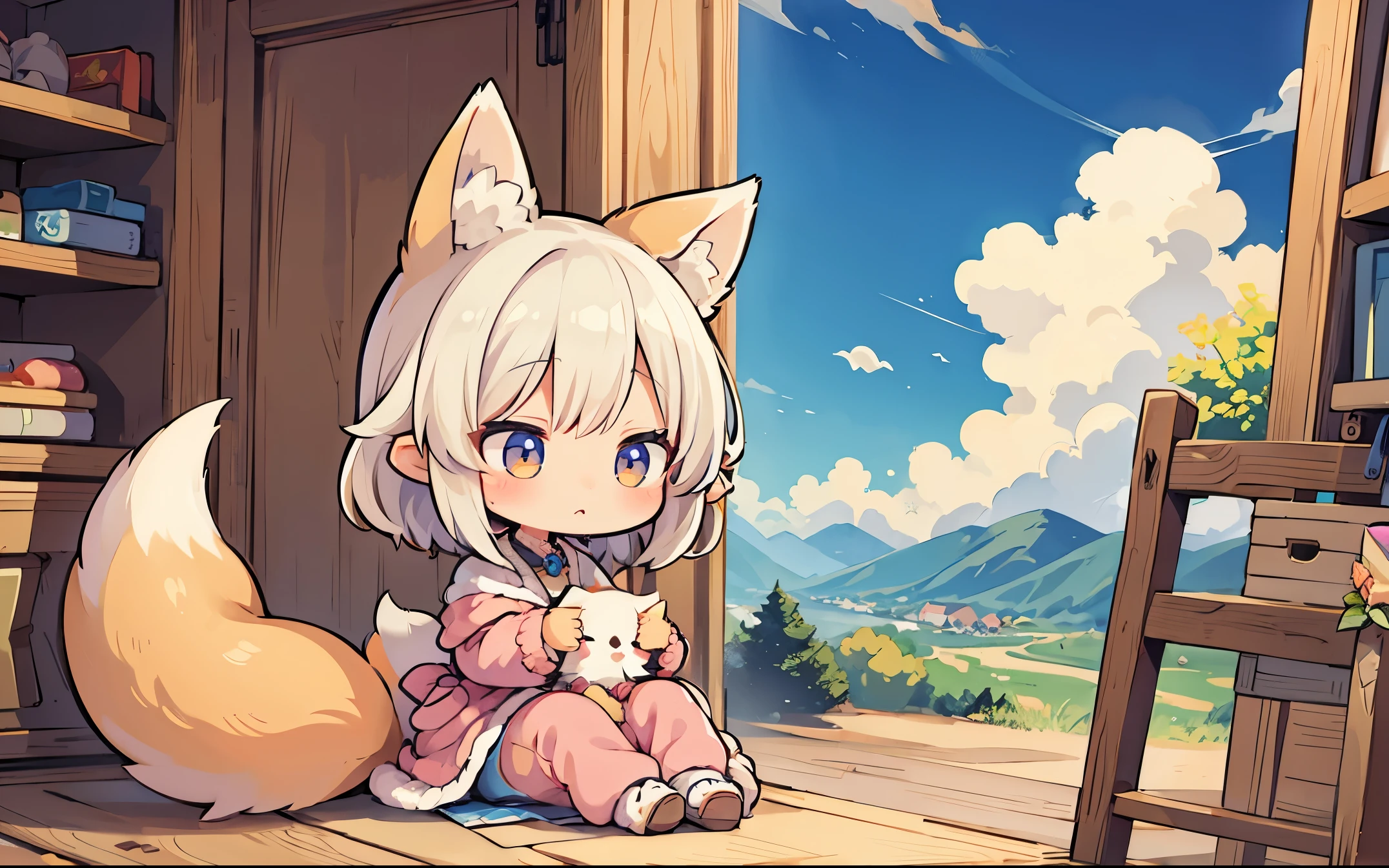 ​masterpiece、Cute、Chibi、细致背景、Girl personified by a fox、Fox tail and ears