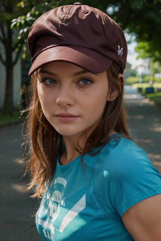 one beautyful woman, no makeup, long blonde hair and streaks. studiophoto quality, half top and jogginghose, looks like jennifer lawrence and ariana grande, sweet, full body , lara croft, in a sportsbar, basecap