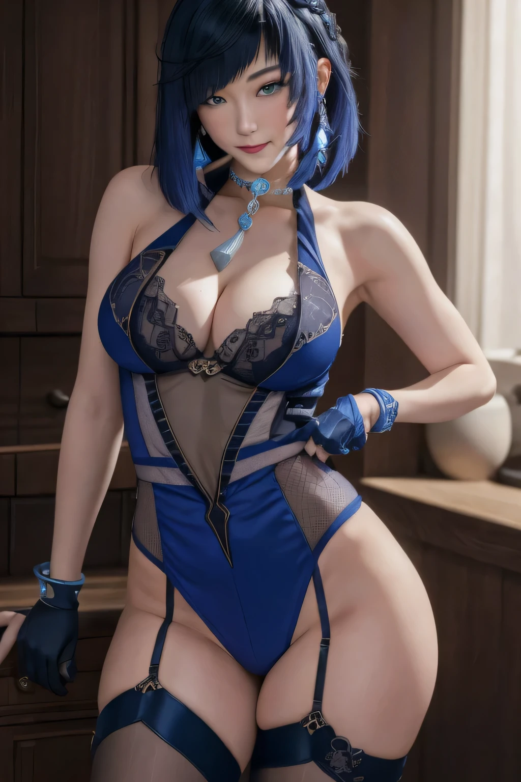 Yelanrnd, body de renda azul, 1 mulher, young woman, bunda grande, seios pequenos, cabelos longos e longos, boca fechada com leve sorriso, clivagem, Corar, maquiagem, alta qualidade, imagem extremamente bonita, 8k, 16k, master part