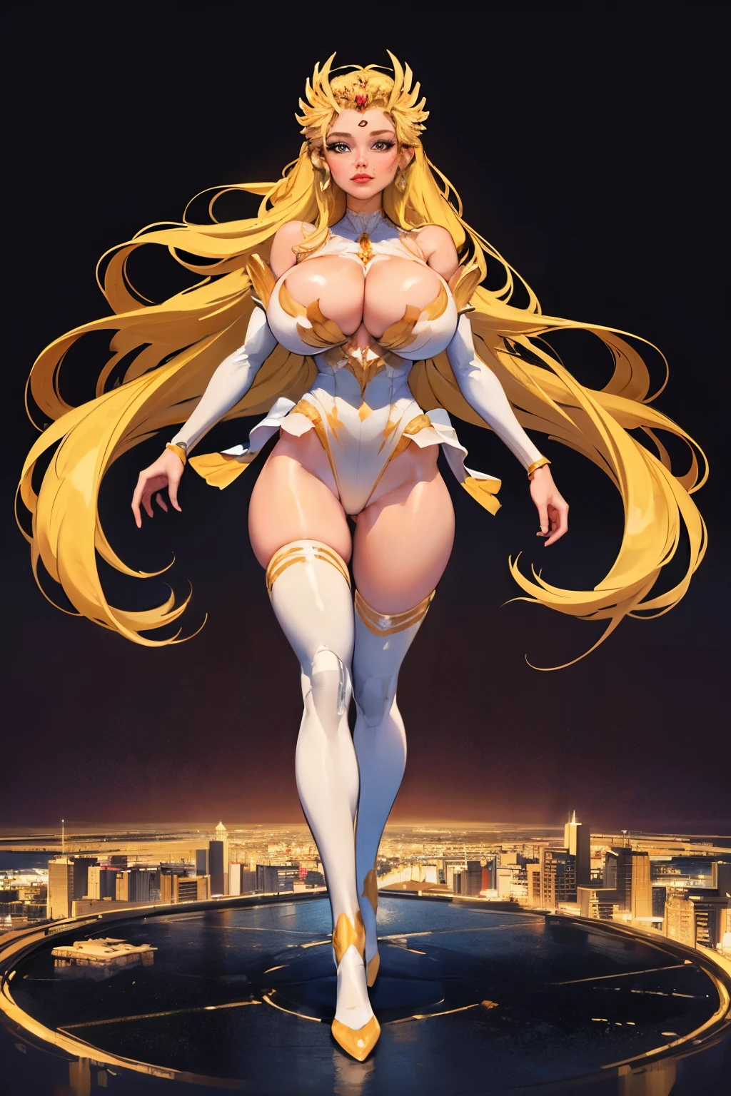 ((full body view)), futuristic city background, (((masterpiece))),((best quality)),detailed,1girl,realistic,(robot_girl,Mecha):1.2,(breasts pressed together), (forehead crown), Ceramic body,Smooth shoulders, golden crown, (full puffy liplonde hair, she-ra aesthetic, Network background,Extremely detailed city,(Translucent body.),Reflective skin),thigh_gap,Detail face,long_hair,8k,Best quality,Super delicate,(Surreal:1.4),(gigantic breasts:1.2),