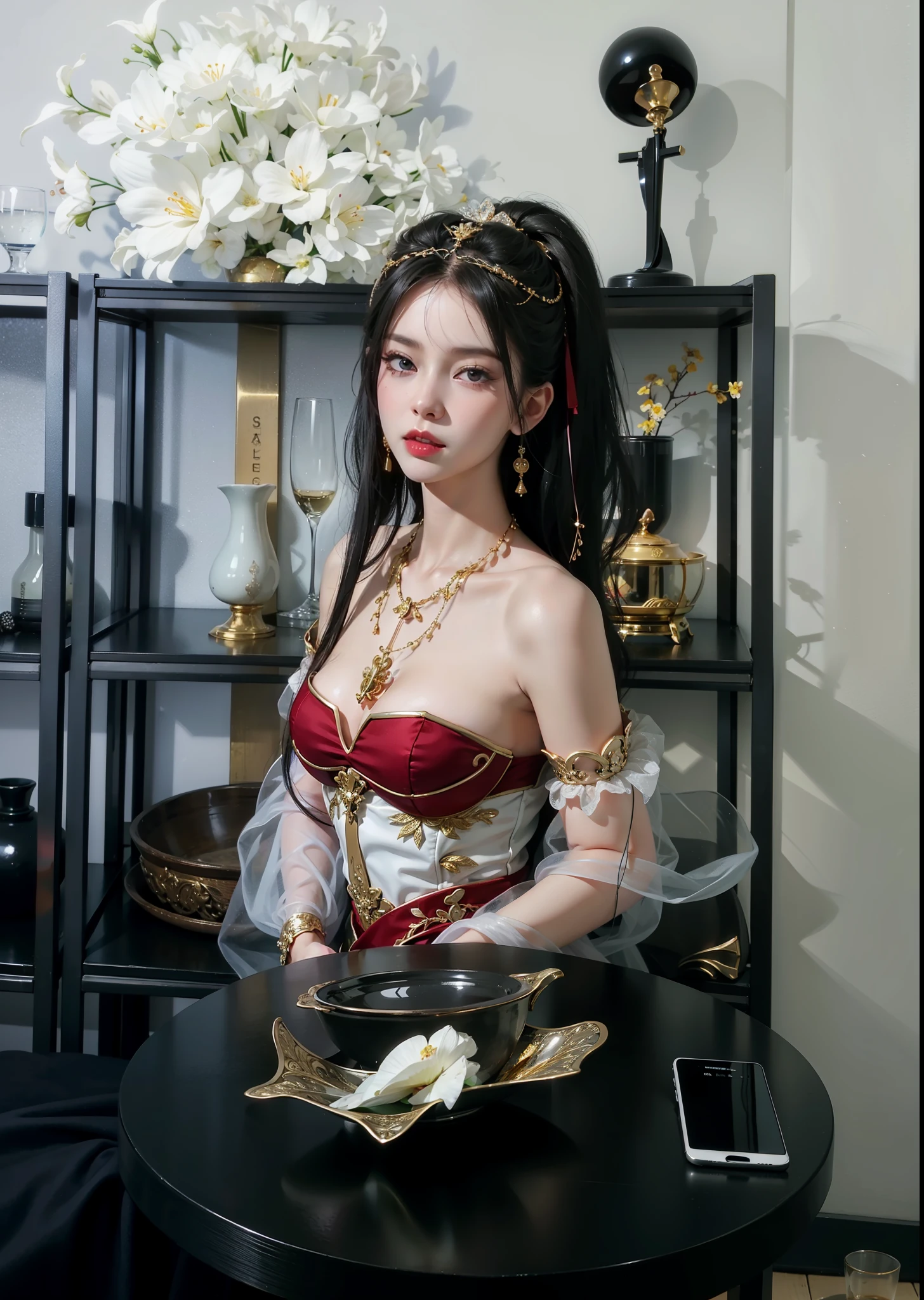 Imperial sister,詳細な目,Detailed facial expressions,Ripe body,Tall figure,Number,legs long,4K,k hd,fleshy feeling,White translucent lace,Fair and plump figure,Nice face,Cherry small mouth,beautiful and delicious(3D royal sister),Gorgeous dress encrusted with gemstones crystal gold diamonds,succubi,