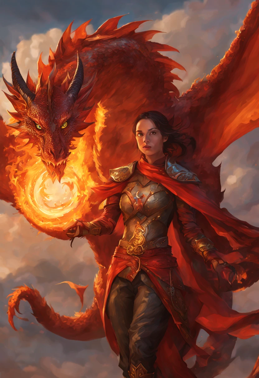 "A fire mage with her fire dragon. She soars through the sky riding on the dragon."