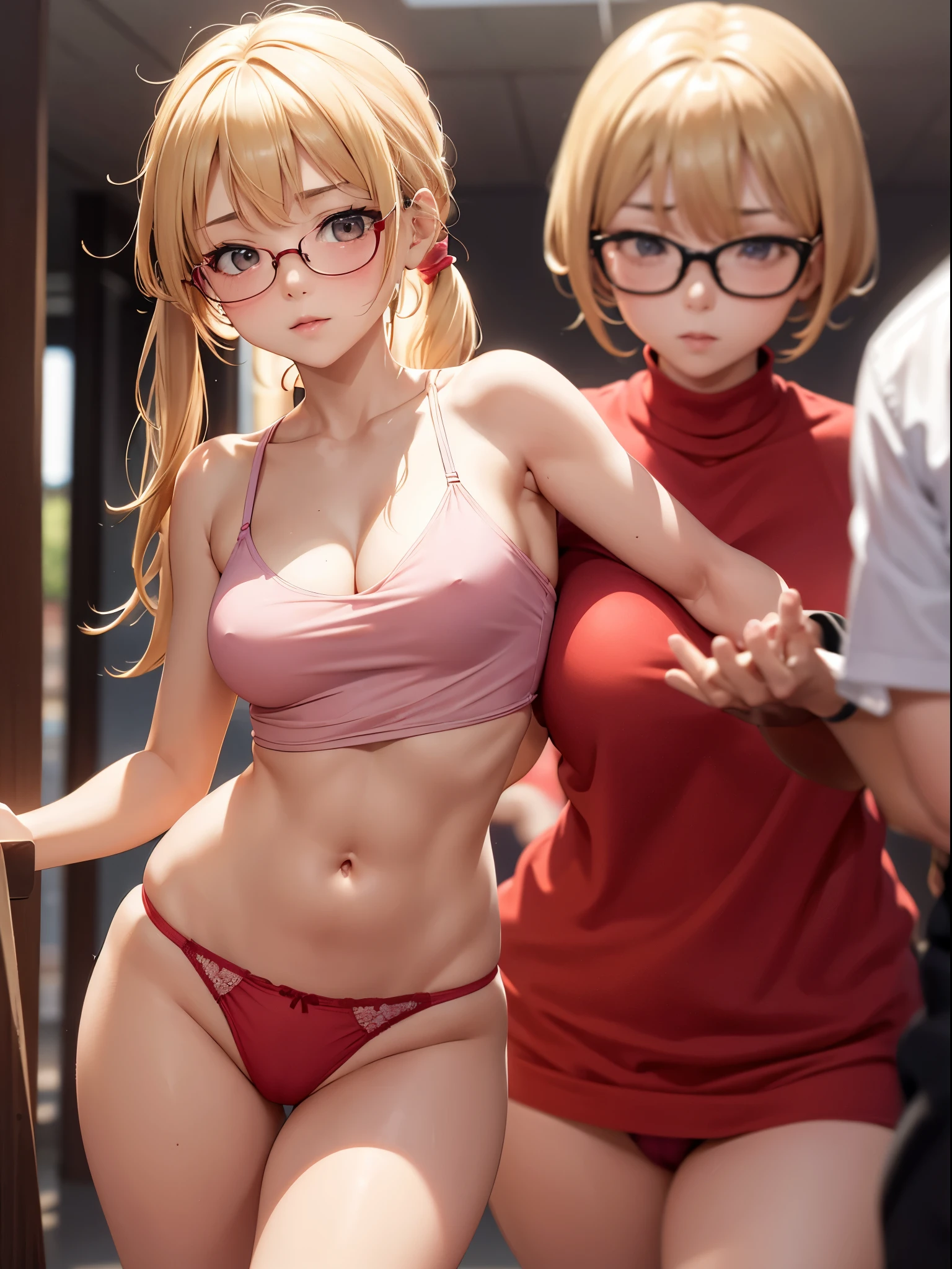 annoying in public, bangs, body, 14 year old girl, blonde hair tied in a side ponytail, sensual cleavage, red blouse, small breasts, thick thighs, Ultra HD, 4k image, glasses, character close to the camera, translucent panties , low waist panties, top view character