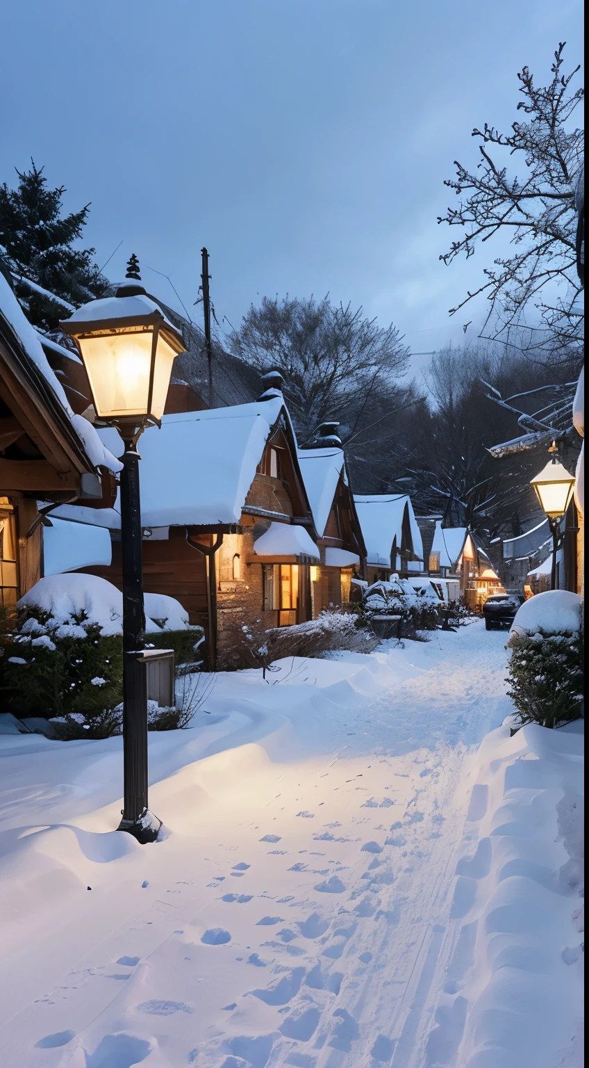 Wonderland Village,Village view,Lots of snow on the ground, magical village, well-lit building, Snowy winter,blanketed in a mantle of snow, quaint village, winter setting, Suffocating, very magical and dreamy, It is snowing in winter,natural, Cold but beautiful, heavy snowing, night scene