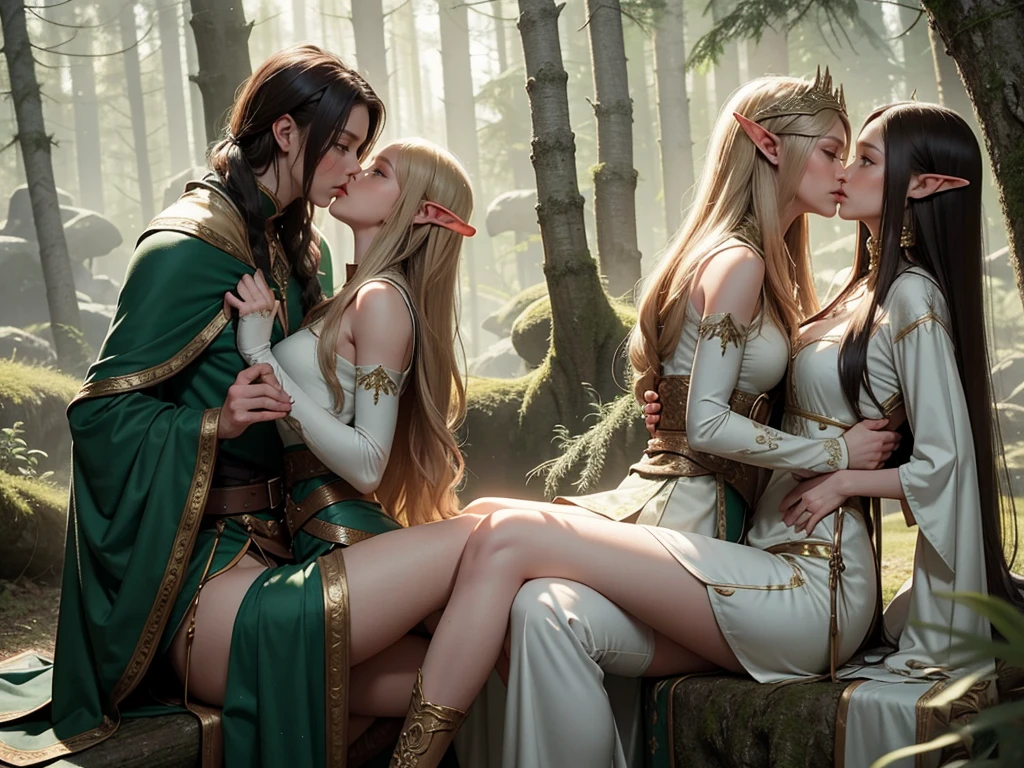 tmasterpiece，A high resolution,Absolutely beautiful，Elven women，Mature atmosphere，a mature female，Fine and detailed eyes and detailed face，Tall and tall，Long stature，long leges、Long arms，It has elven pointed ears，Wear forest clothing，Over-the-knee boots，over knee socks，（Tall：1.4），Rich scene detail，inside a forest，are standing，action，（Wide buttock：1.4），（Thick thighs：1.4）, (2girls, kiss, eye contact:1.2).