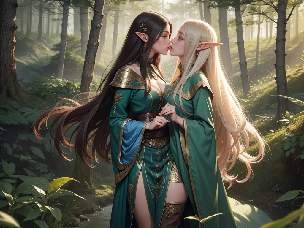 Lewd savage elf woman sucking lovers neck, full body view, sex