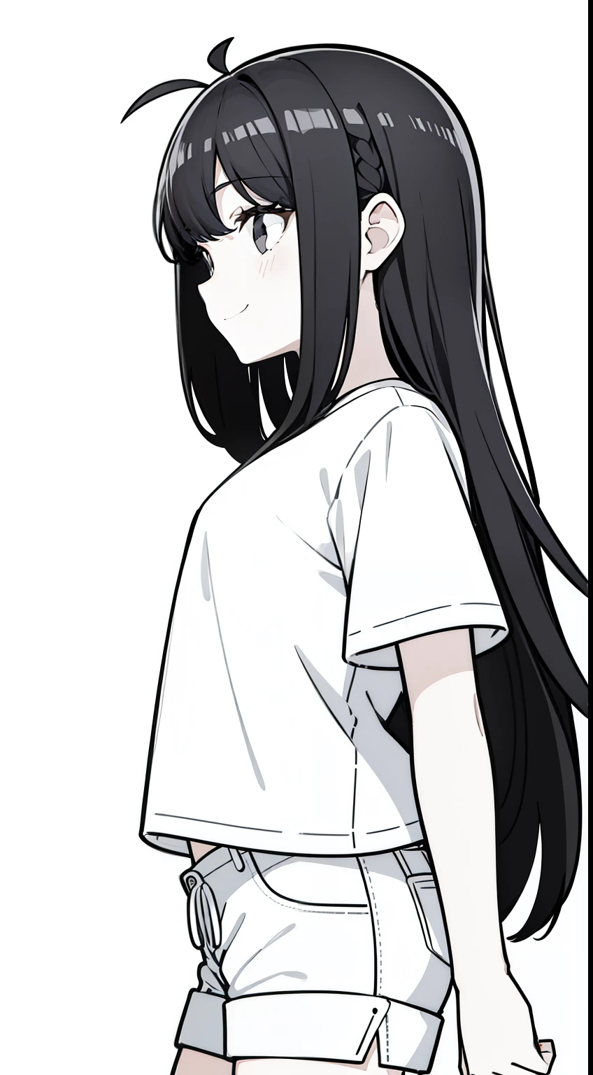 1girl,10s years,solo,black hair,long hair,(((hair 2antennas))),white shirt,short sleeves,white shorts,(white background, line drawing),open mouth,smile,black eye,cowboy shot,from side,looking away
