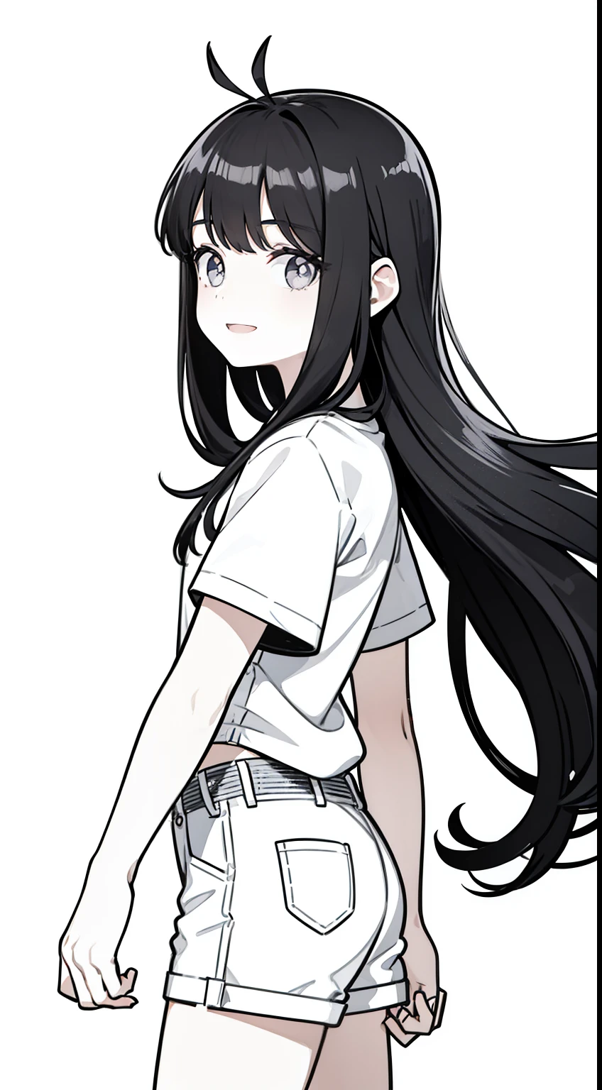 1girl,10s years,solo,black hair,long hair,(((hair 2antennas))),white shirt,short sleeves,white shorts,(white background, line drawing),open mouth,smile,black eye,cowboy shot,from side,looking away