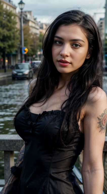 raw photo, wide angle lens, a French girl with long straight black hair in a bridge in paris on a rainy day,hair parted in the middle,realistic face,wearing sunglasses,lipstick,a long, tight dress that clings to the body, blue eye,tattooed, upper fullbody photo, masterpiece,extremely deitailed eyes, intricate details,perfect body,best hands,high quality, ultra detailed face, high definition, HDR, 8k, uhd, extremely skin details, natural lighting, 35mm, cinematic photography, FujiFilm XT3, ultra realistic