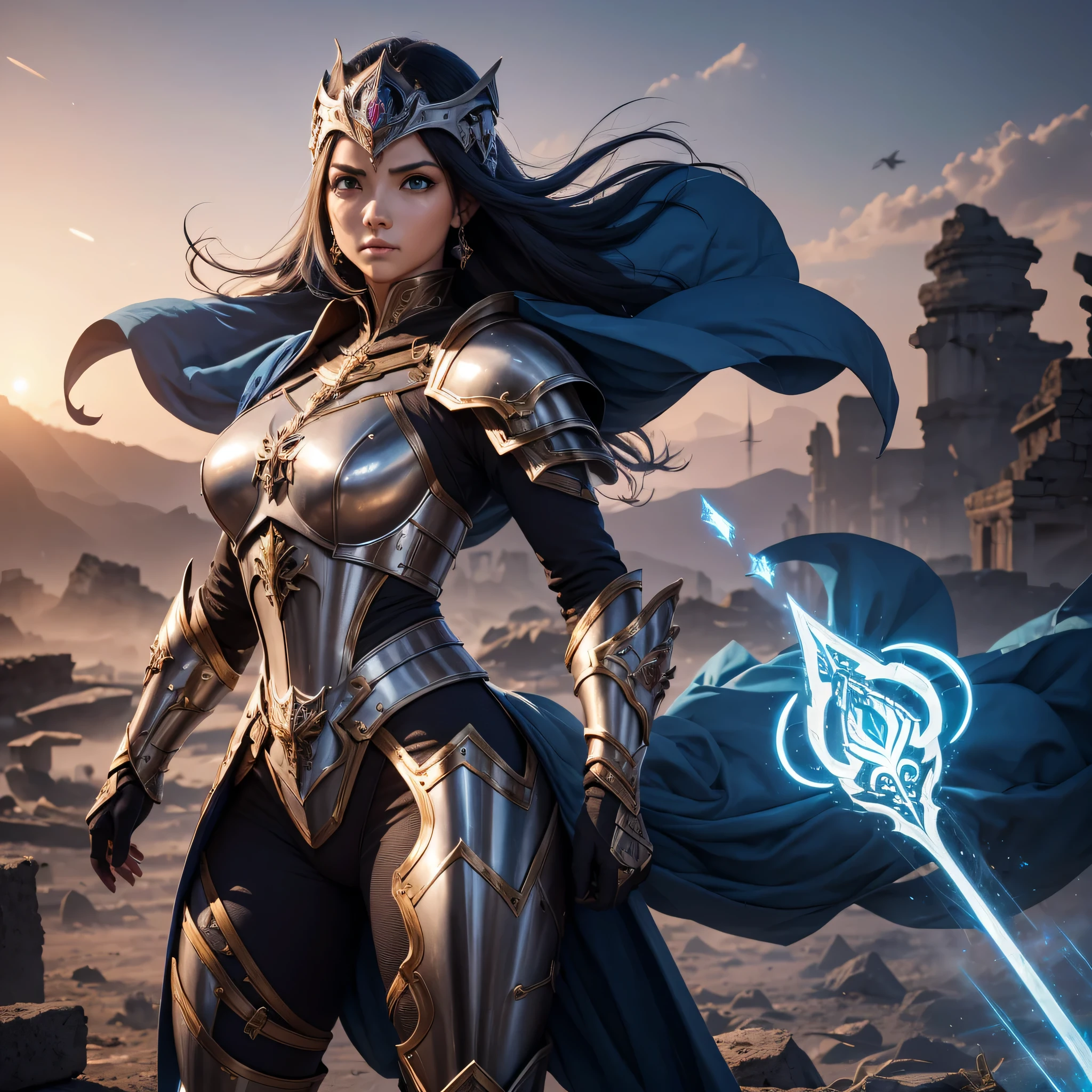 "(melhor qualidade: 1.2), master part, 8K UHD super detalhado, ((Arte Oficial)), CG, 1 deusa gigante da guerra, standing on the scene, her enormous legs she stands firm amid the ruins of fallen empires, (dinamic pose: 1.3), armadura intrincadamente detalhada reflete o cerne do conflito, (detalhe meticuloso), luz resplandecente radiante, pontos radiantes de luz, (armadura com pontas de ouro historicamente significativa: 1.2), shiny metal armor, (luminous magic symbol on armor: 1.3), longos cabelos pretos detalhados soprando ao vento, eyes shining with determination and vision, (( armadura intenso azul)), resilience, (fierce expression:1.1), Behind her, vast crimson sunset sky:1.8, (wind carrying whispers of a new beginning:1.1), (Sabedoria e renascimento:1.2), (Postura de comando:1.2), (overflowing mystical power:1.2), sozinho, (Suor cintilante:1.1), Armadura com joias, (contraste entre azul e ouro: 1.3)".