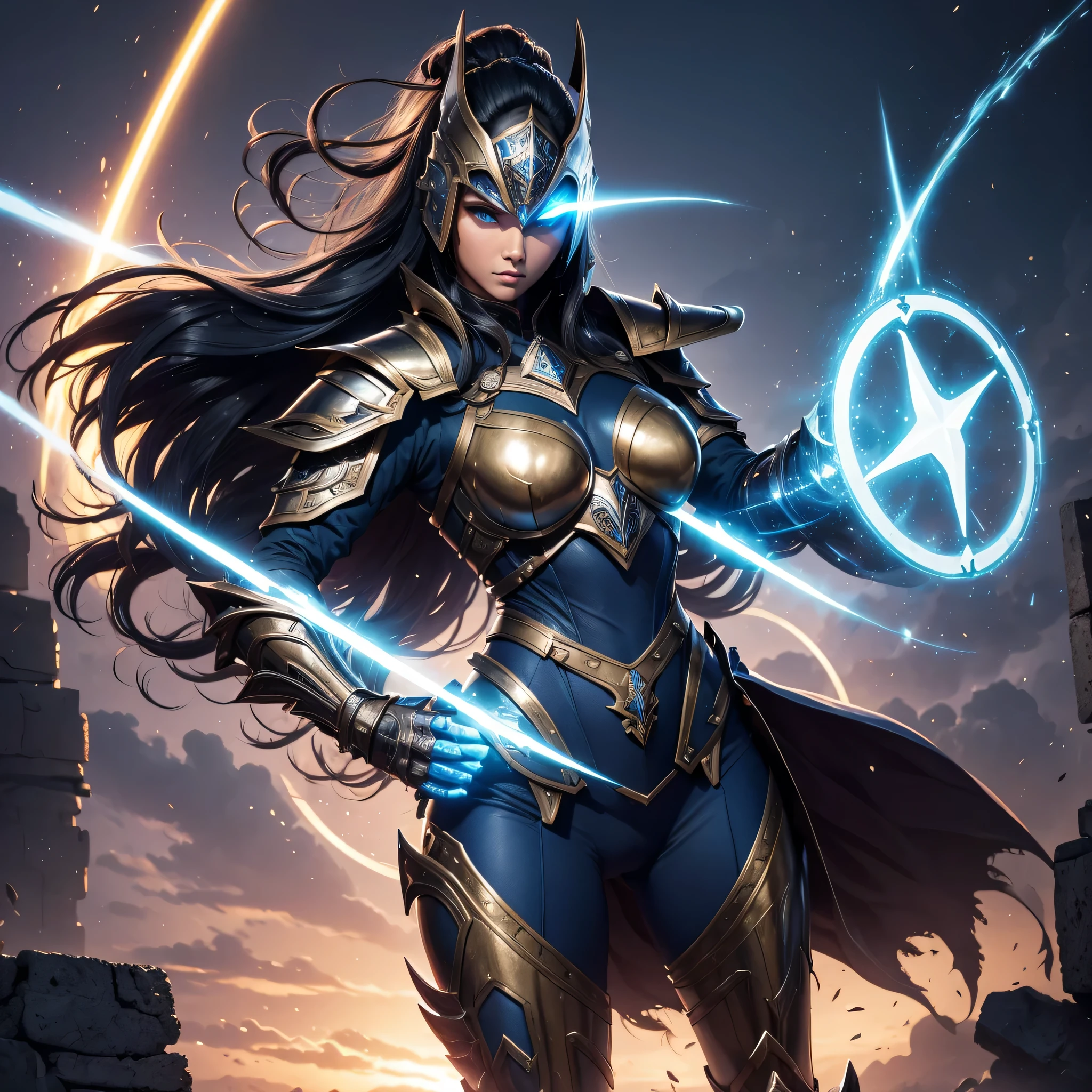 "(melhor qualidade: 1.2), master part, 8K UHD super detalhado, ((Arte Oficial)), CG, 1 deusa gigante da guerra, standing on the scene, her enormous legs she stands firm amid the ruins of fallen empires, (dinamic pose: 1.3), armadura intrincadamente detalhada reflete o cerne do conflito, (detalhe meticuloso), luz resplandecente radiante, pontos radiantes de luz, (armadura com pontas de ouro historicamente significativa: 1.2), shiny metal armor, (luminous magic symbol on armor: 1.3), longos cabelos pretos detalhados soprando ao vento, eyes shining with determination and vision, (( armadura intenso azul)), resilience, (fierce expression:1.1), Behind her, vast crimson sunset sky:1.8, (wind carrying whispers of a new beginning:1.1), (Sabedoria e renascimento:1.2), (Postura de comando:1.2), (overflowing mystical power:1.2), sozinho, (Suor cintilante:1.1), Armadura com joias, (contraste entre azul e ouro: 1.3)".