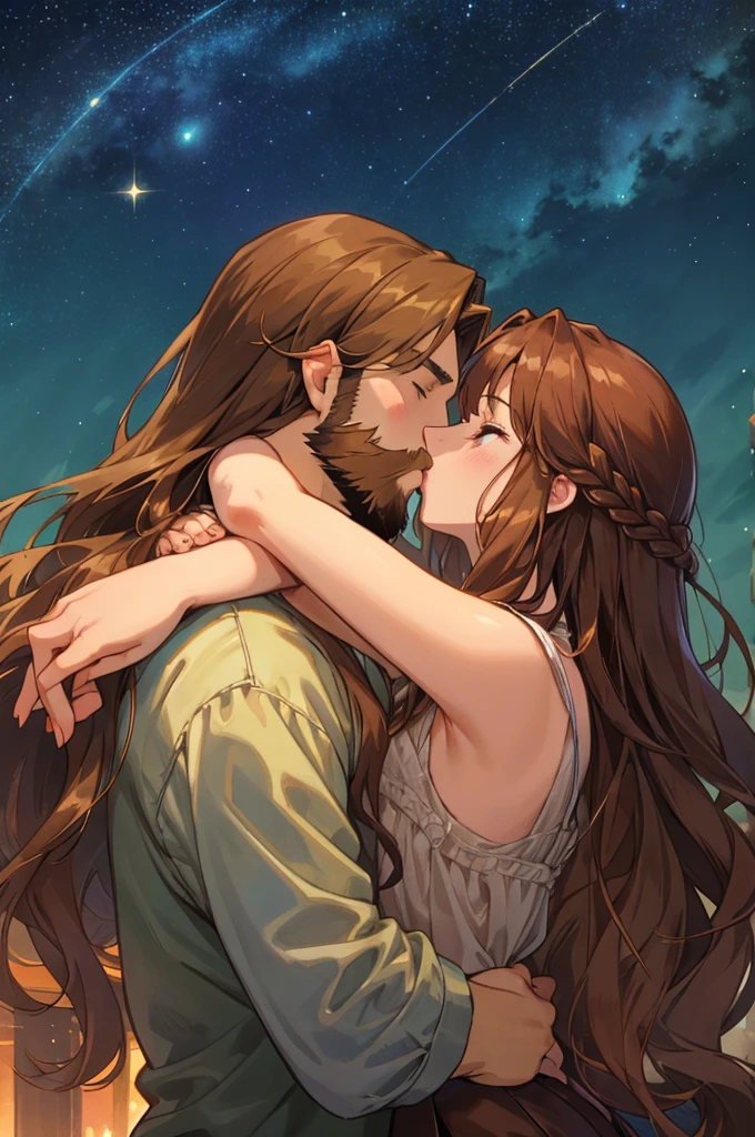 Draw a couple kissing. The man has very long brown hair and a 3-day beard. The woman has shoulder-length brown hair. In the background is a beautiful starry sky. Romantic. Warm color. Masterpiece. 4 K.