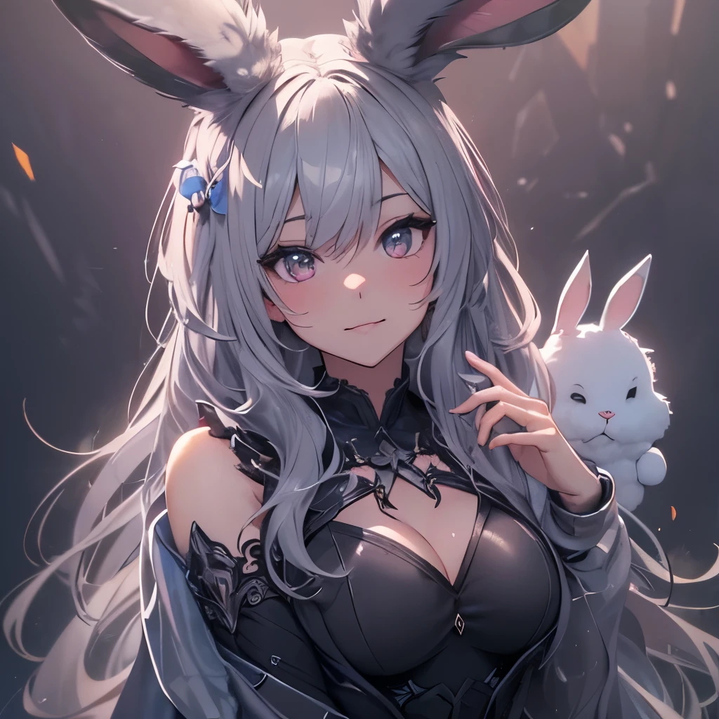 (masterpiece), 8k cg, stunningly beautiful girl, intricate details, chromatic aberration, ((bust shot)), ((looking at viewer)), 1girl, (Bunny girl, shiny long hair, gray hair, bunny ears, body suit), extremely beautiful and delicate portrait, goth, tomboy, smile, blush, makeup, absurdres, cinematic lighting, dynamic lighting, fantasy, ((dark background, fog))