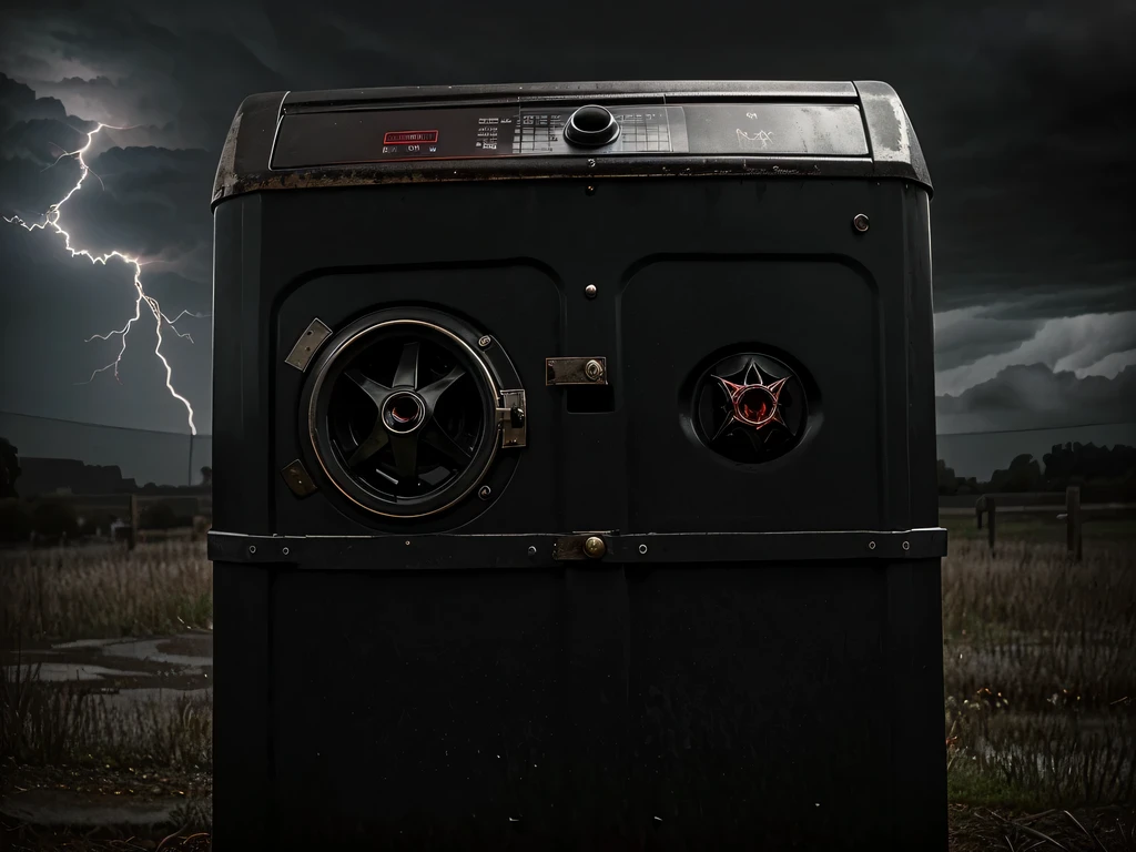 beautiful washing machine in gothic style, combination of black and red, Gothic patterns and heraldry, 18th century, gloomy environment, crosses and lightning, high detail, Maximum realism