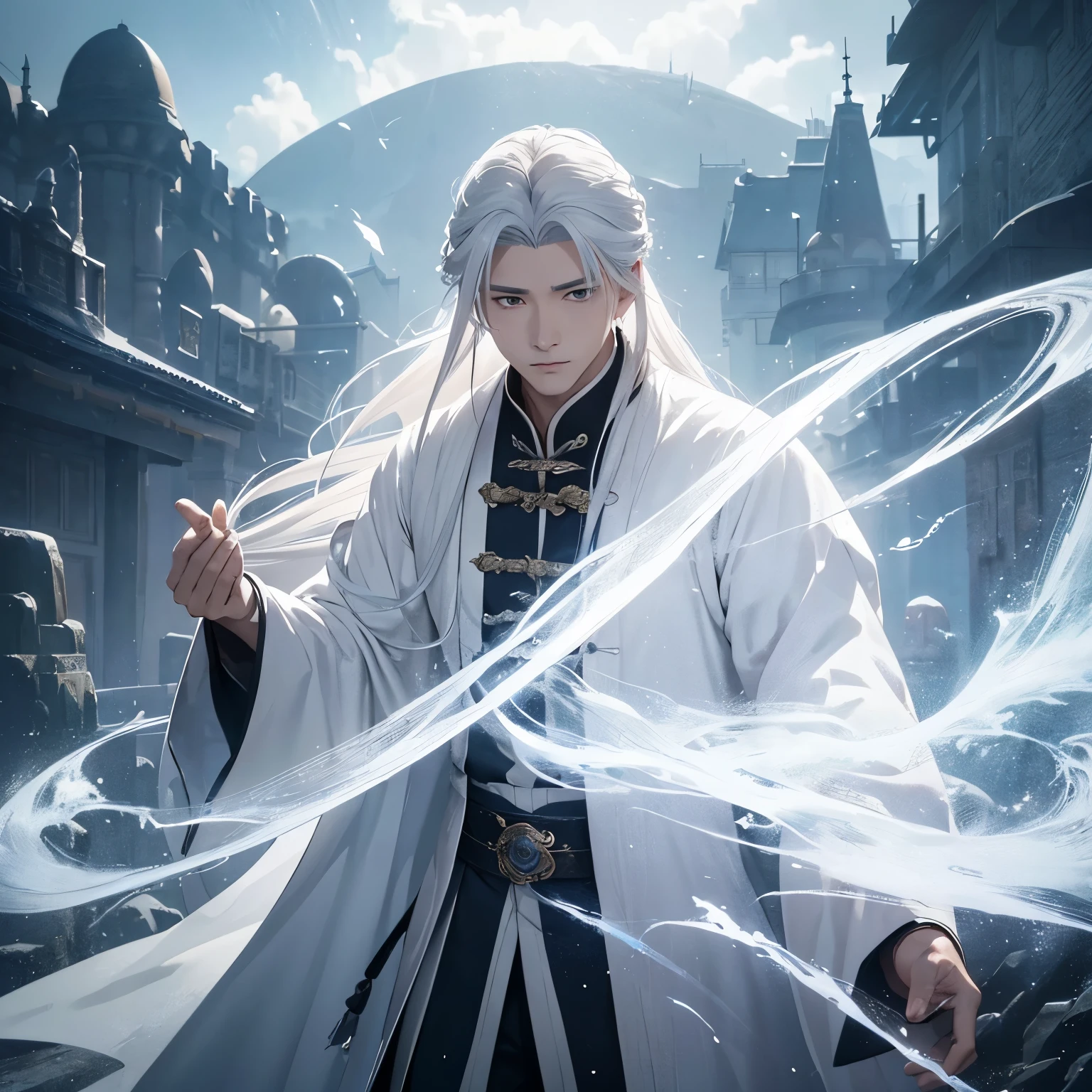 A man with white hair and a white robe, Kenji Tan, Long grey hairで, Long grey hair, still from live action movie, inspired by Zhang Han, Fantasy Movie Still, live action movie scene, cloud-like white hair, exquisite prince, inspired by Guan Daosheng, Screenshots from movies