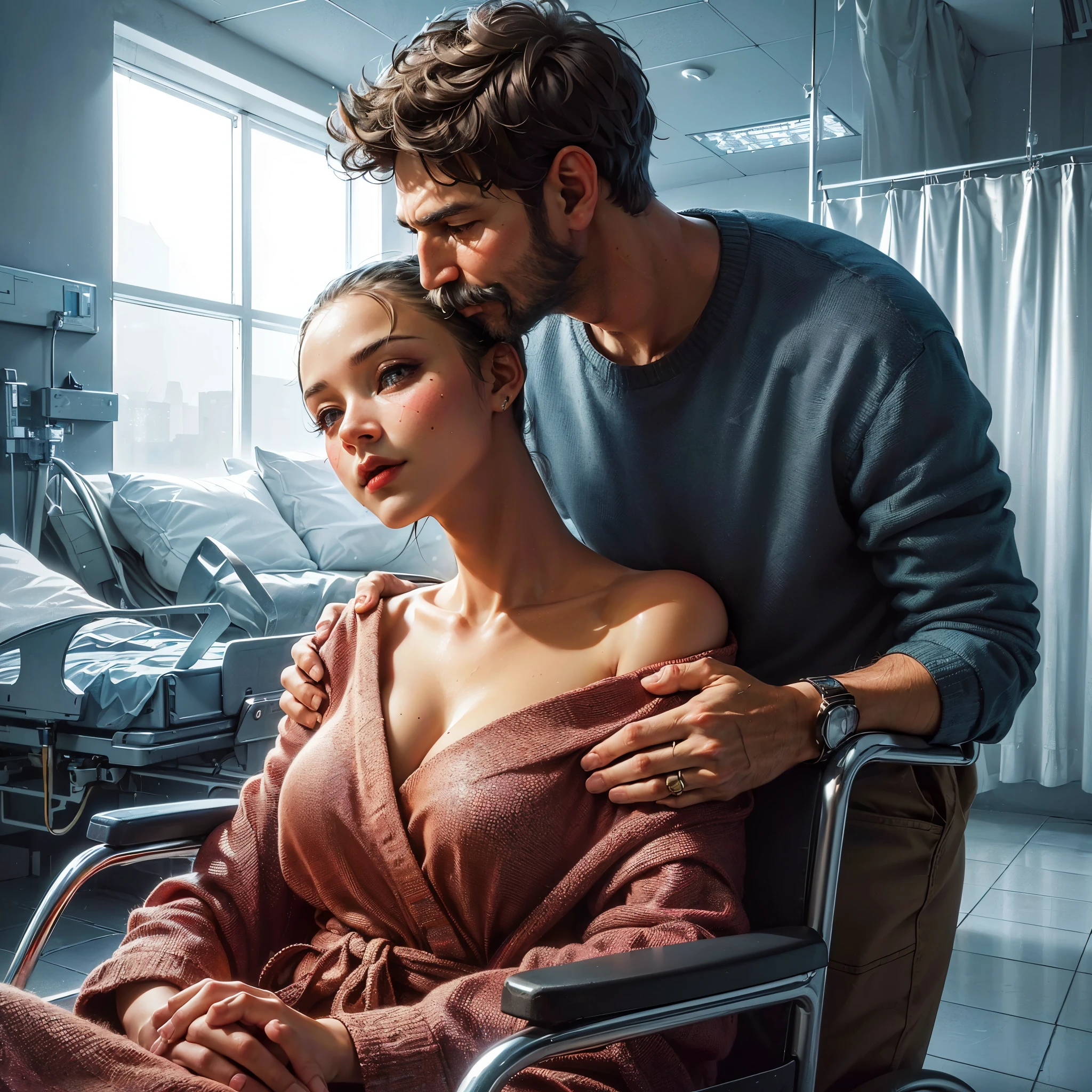 there is woman with large breast and pale face sit on wheelchair and there is (((handsome muscular masculine beard moustache alpha male husband)) kiss her wife forehead, by Alexander Kucharsky, beautiful realistic photo, by Igor Grabar, by László Balogh, by Anton Fadeev, wadim kashin. ultra realistic, beautiful digital artwork, by Arik Brauer, by Hristofor Zhefarovich, by John La Gatta, awarded on cgsociety, cinematic cgsociety, masterpiece, best quality:1.2),,(8k,highres,RAW photo,realistic,photo-realistic:1.3),(detailed skin texture,detailed cloth texture,beautiful detailed face:1.25),professional lighting,photon mapping,beautiful soft light,radiosity,physically-based rendering,raytracing, model shoot style, model shoot style, (extremely detailed CG unity 8k wallpaper), full shot body photo of the most beautiful artwork in the world, ((cannon camera)), ((professional photoshoot)), (((nsfw))), (((show cleaveage)))