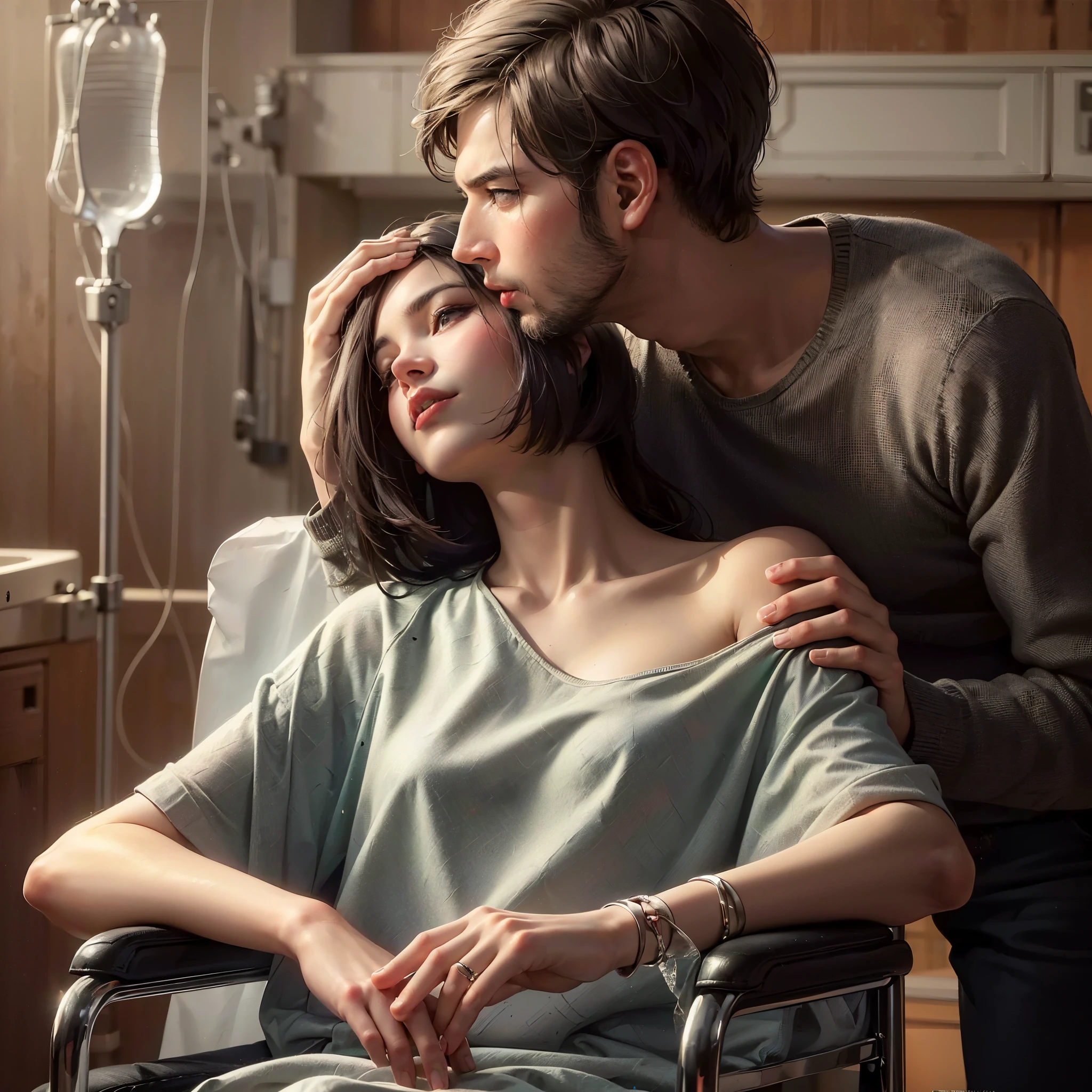 there is woman with large breast and pale face sit on wheelchair and there is (((handsome muscular masculine alpha male husband)) kiss her wife forehead, by Alexander Kucharsky, beautiful realistic photo, by Igor Grabar, by László Balogh, by Anton Fadeev, wadim kashin. ultra realistic, beautiful digital artwork, by Arik Brauer, by Hristofor Zhefarovich, by John La Gatta, awarded on cgsociety, cinematic cgsociety, masterpiece, best quality:1.2),,(8k,highres,RAW photo,realistic,photo-realistic:1.3),(detailed skin texture,detailed cloth texture,beautiful detailed face:1.25),professional lighting,photon mapping,beautiful soft light,radiosity,physically-based rendering,raytracing, model shoot style, model shoot style, (extremely detailed CG unity 8k wallpaper), full shot body photo of the most beautiful artwork in the world, ((cannon camera)), ((professional photoshoot)), (((nsfw))), (((show cleaveage)))