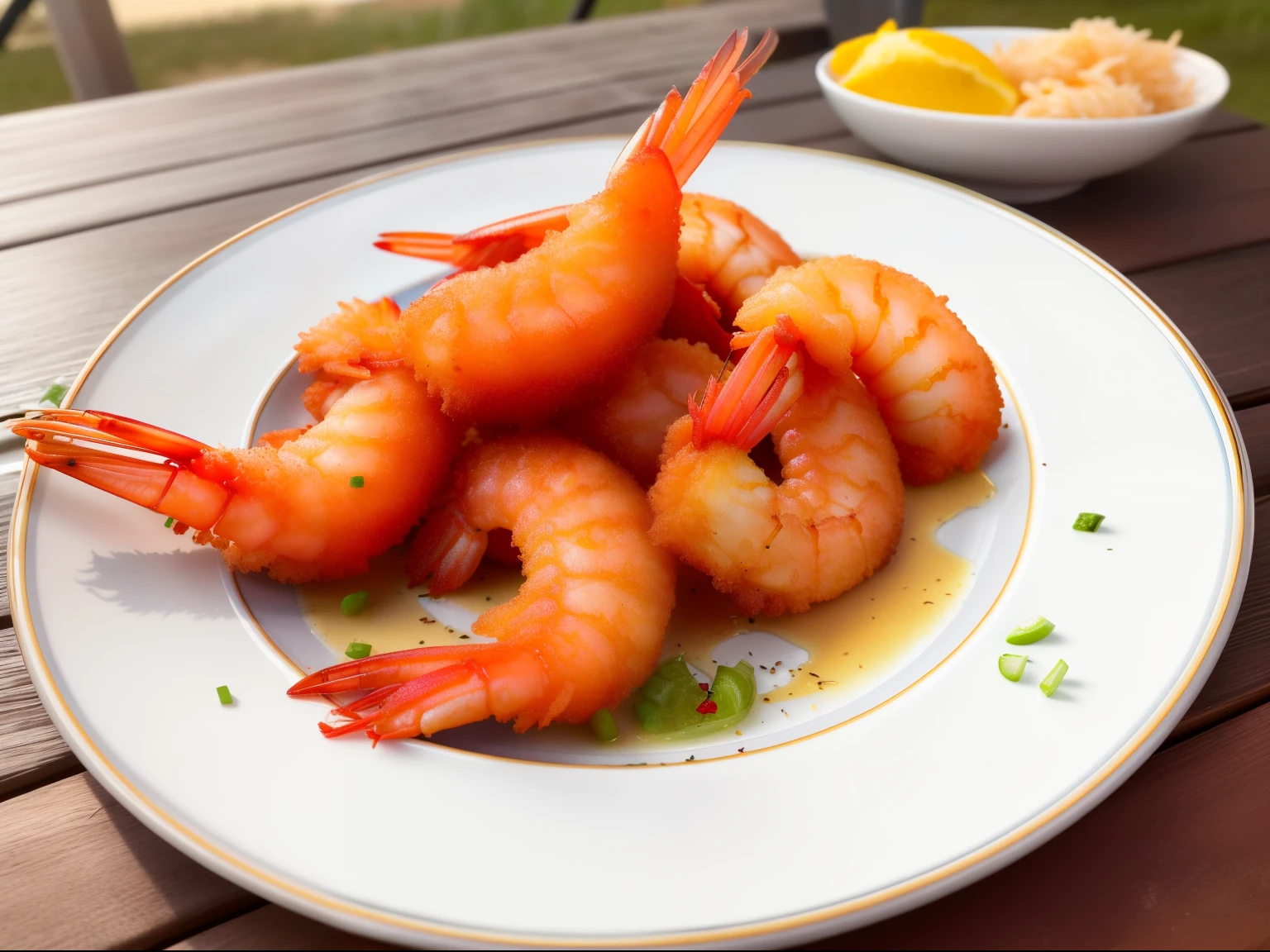 fried shrimps in a fancy plate, in a table at the beach, highly detailed, photorealistic, photorealism