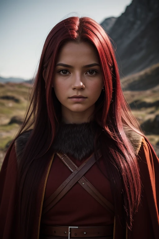 [Retrato de cuerpo entero] [Nordic fashion model aged 18-23] [color de cabello rojo] [vestido como un estilo vikingo de guerreros] [Bored expression on face] [Photo taken in a mountainous and spring landscape] [type of illumination: natural  lighting], extremadamente realista, 8k, detalles locos, detalles intrincados, bellamente graduado de color, Color Grading, Cinematographer editorial, Cinematographer, bokeh, tomada con una lente de 60 mm, ISO 300, f / 4, 1/200th