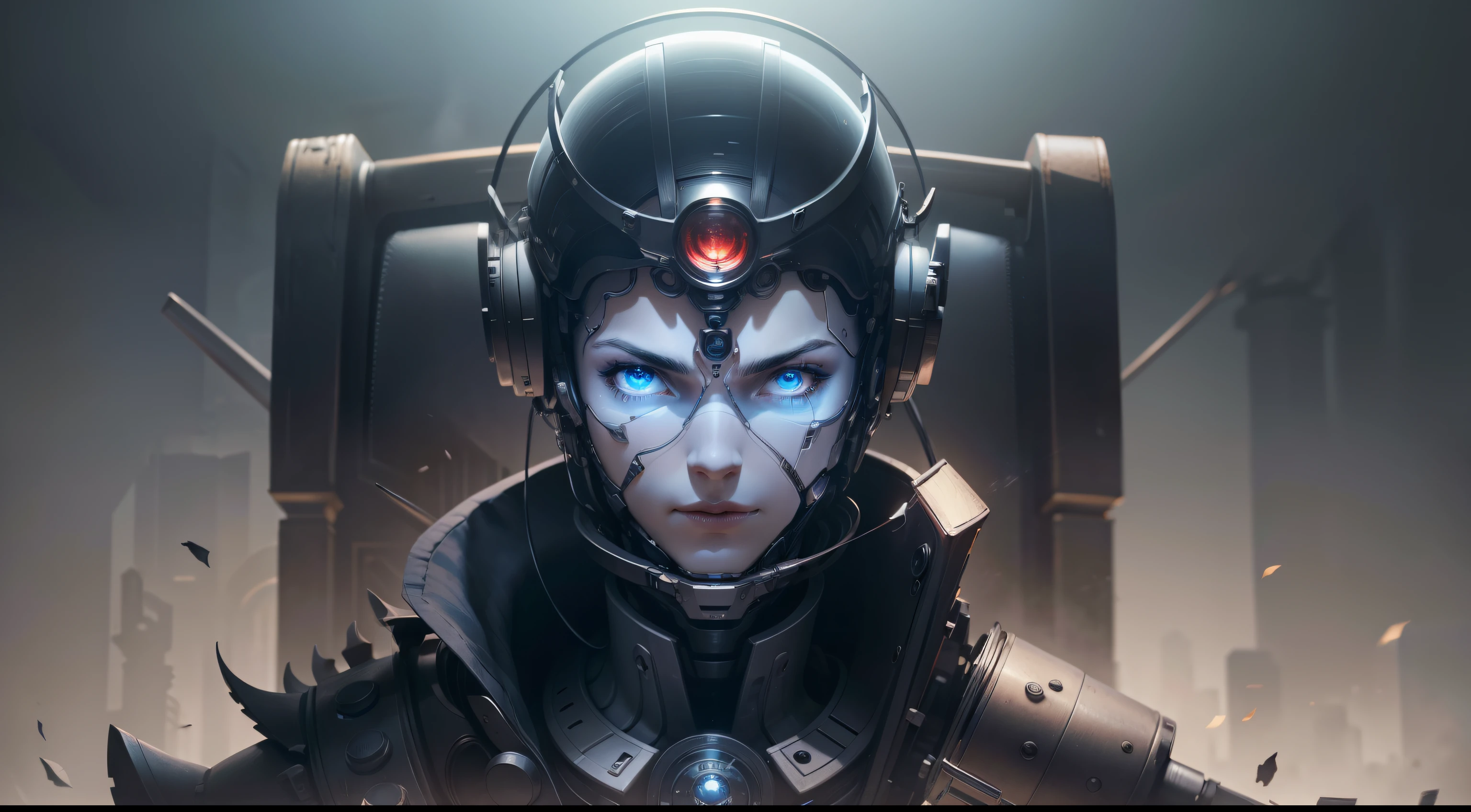 tmasterpiece: 1.2, Best quality), actual, (Authentic images, Complicated details, depth of fields), (1 robot,male people， Alone),  perfect lips, The content is very detailed, It's a perfect face, (skin dentition),  throne behind background, Various hero poses,  oda&#39;There is a big camera on the head，gear wheel，telescopic pole，looking at the camera in