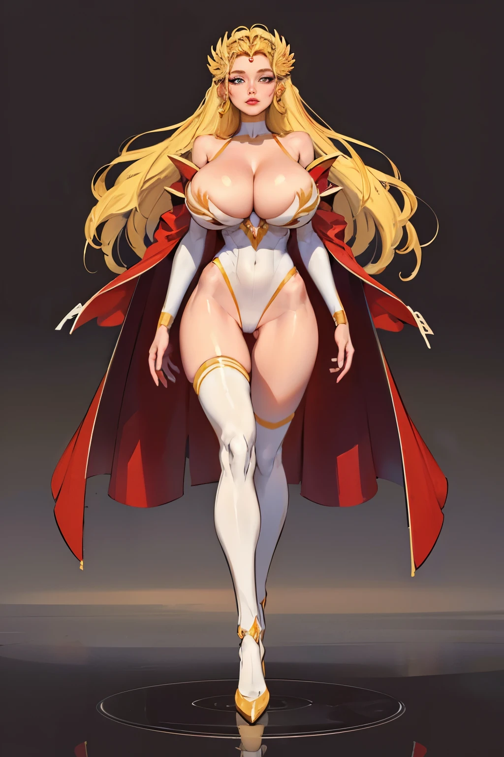 ((full body view)), futuristic city background, (((masterpiece))),((best quality)),detailed,1girl,realistic,(robot_girl,Mecha):1.2,( pressed together), (forehead crown), Ceramic body,Smooth shoulders, golden crown, (full puffy lnde hair, she-ra aesthetic, Network background,Extremely detailed city,(Translucent body.),Reflective skin),thigh_gap,Detail face,long_hair,8k,Best quality,Super delicate,(Surreal:1.4),(gigantic breasts:1.2