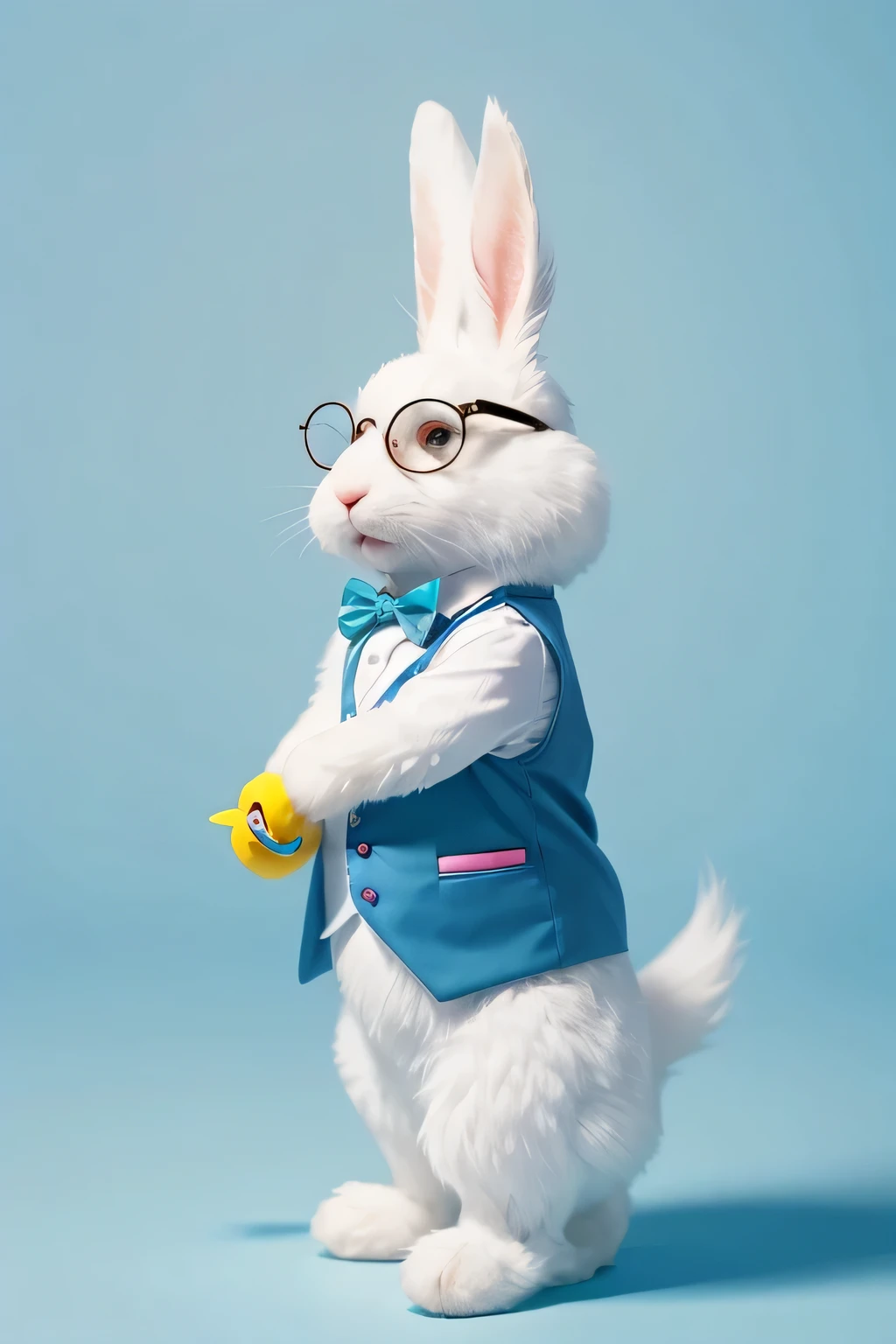 funny white furry rabbit, wearing glasses and a colorful vest, rainbow, glimmy, brighty, standing, light blue background, high details, high quality, realistic, sharp focus