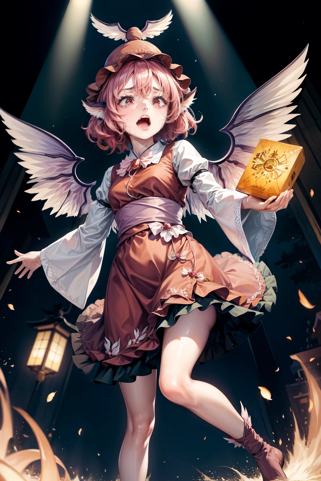 (masterpiece, top quality, best quality, beautiful and aesthetic:1.2), mystia lorelei, 1girl,hat,pink hair,dress, animal ears,wide sleeves, wings, full body, japanese architecture, surprised, :o, beam, laser, glaring body, open box, box, open mouth, jaw drop, wide-eyed, panicking, horrified, screaming, sobbing, traumatized, turn pale, wavy mouth, glowing, glow, outer glow