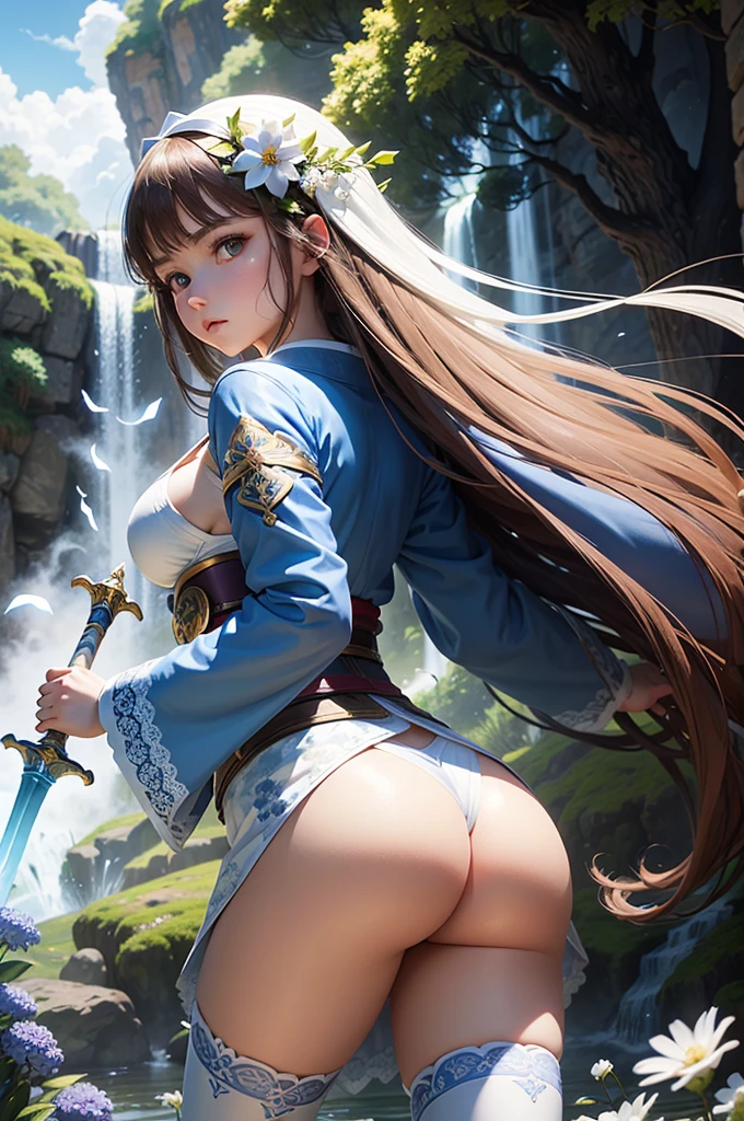 masterpiece, high quality, Girl, in battle stance, facing her back, sword with glowing blue blade and white handle (holding it for the handle), really long brown hair, big blue eyes, blue ornaments in her hair, skinny, blue long kimono with long sleeves, big butt, white lace thigh-high stockings, cinematic light, trees, waterfall, flowers, blue sky, white clouds