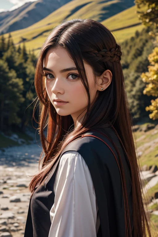 [Retrato de cuerpo entero] [Nordic fashion model aged 18-23] [color de cabello rojo] [vestido como un estilo vikingo de guerreroored expression on face] [Photo taken in a mountainous and spring landscape] [type of illumination: natural  lighting], extremadamente realista, 8k, detalles locos, detalles intrincados, bellamente graduado de color, Color Grading, Cinematographer editorial, Cinematographer, bokeh, tomada con una lente de 60 mm, ISO 300, f / 4, 1/200th