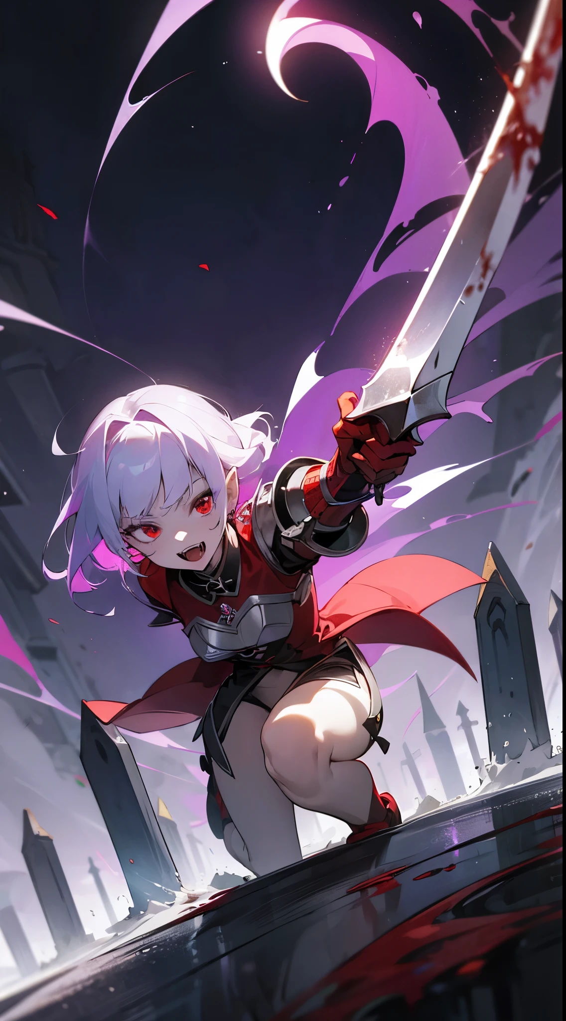 masterpiece, top-quality, super precision, Vampire Woman, Open mouth, Fangs in the mouth, purplish white skin, , Silver Shorthair, Slender eyes, Red eyes, long eyeslashes, Small mouth, long pointed ears, red heavy armor, red armor, Swing a sword, burial site, leaning gravestone, Skulls are scattered, natta, crescent moon behind, starrysky, Bats are flying, (((blood splashing))), purple flame, Purple Energy, purple light pillar