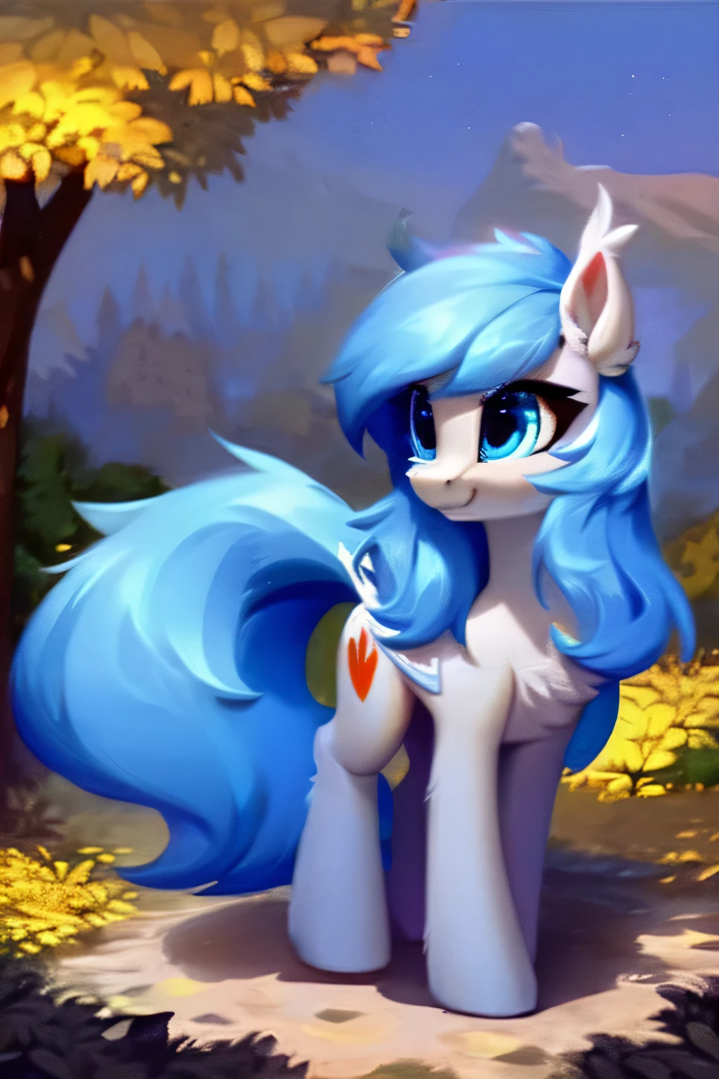 rating_safe, score_9, a cute bat pony, fluffy, feral pony, bat pony, white fur, ((long hair, sky blue hair)), ((blue eyes)), in forest, night, standing, digital artwork, oil painting, soft shading