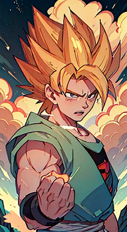 Goku Super Saiyan 2 from Dragon Ball Z anime, heroic Pose, imposing, serious, summer sky with white clouds as Background, illustration, Akira Toriyama anime style, Concept Art, trending on ArtStation, balanced Colors, Cinematic Lighting, (balanced Constrast between Light and Dark), (Intricate, High Quality, Hyper Detailed, Extreme Sharpness), Ambient Occlusion, Octane rendering, ((CGI)), ((8k)), by Akira Toriyama