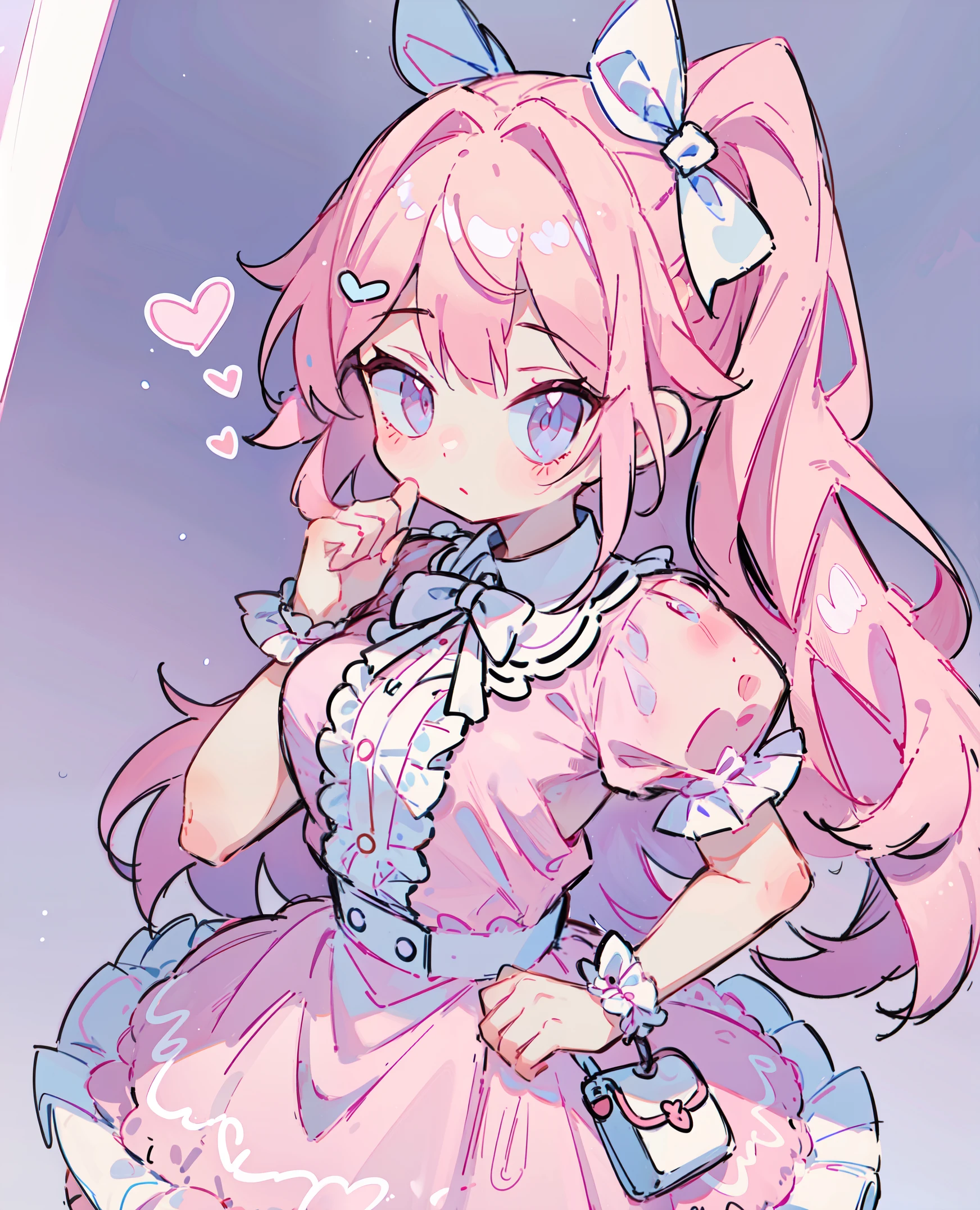 1 girl in, Pink hair, Long double ponytail, Pink shirt, puffy collar, White fluffy skirt,  heart and your hands, White ribbon on hair, Lots of hair accessories, Lolita prostitute