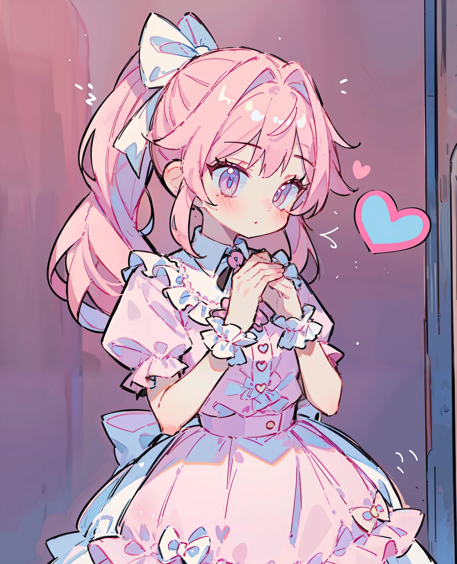 1 girl in, Pink hair, Long double ponytail, Pink shirt, puffy collar, White fluffy skirt,  heart and your hands, White ribbon on hair, Lots of hair accessories, ta prostitute