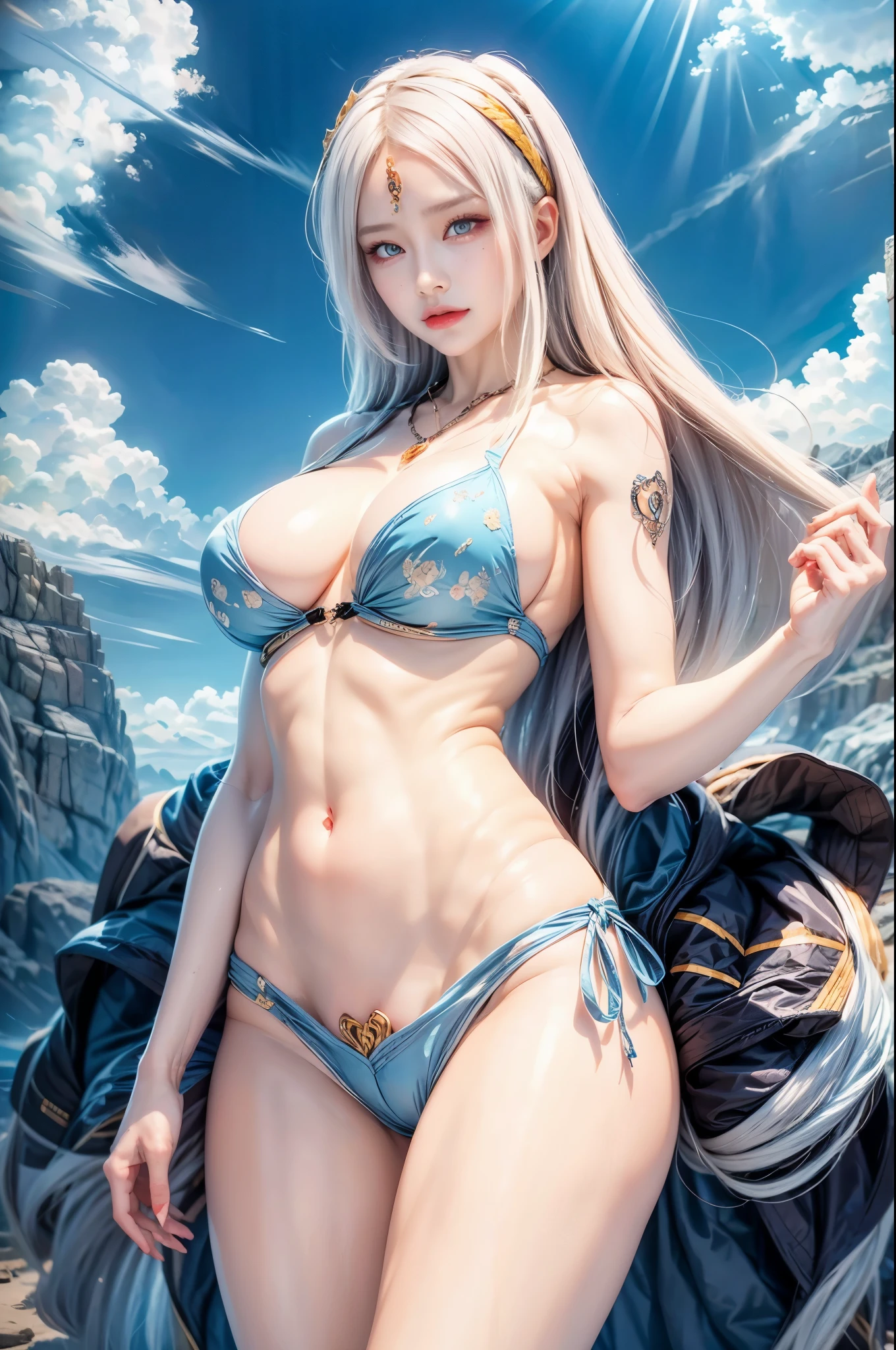 realistic, 1 women, best quality, 12k, HD, long hair, big round breasts, cleavage, ponytail, necklace, jewelry, shorts, short jacket, slim hips, hair tie, yellow eyes, black hair, super detailed, Eye details, hair details, person details, mouth details, face details, breast details, clothes details, hair details, pants details, hand details, whole body