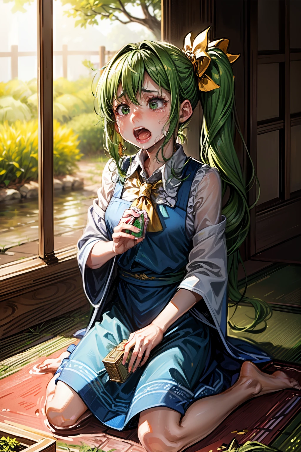 (masterpiece, top quality, best quality, beautiful and aesthetic:1.2), daiyousei, 1girl, green hair, side ponytail,green eyes,bow,ascot,blue dress, wings,full body, japanese architecture, surprised, :o, beam, laser, glaring body, open box, box, open mouth, jaw drop, wide-eyed, panicking, horrified, screaming, sobbing, traumatized, turn pale, wavy mouth, glowing, glow, outer glow